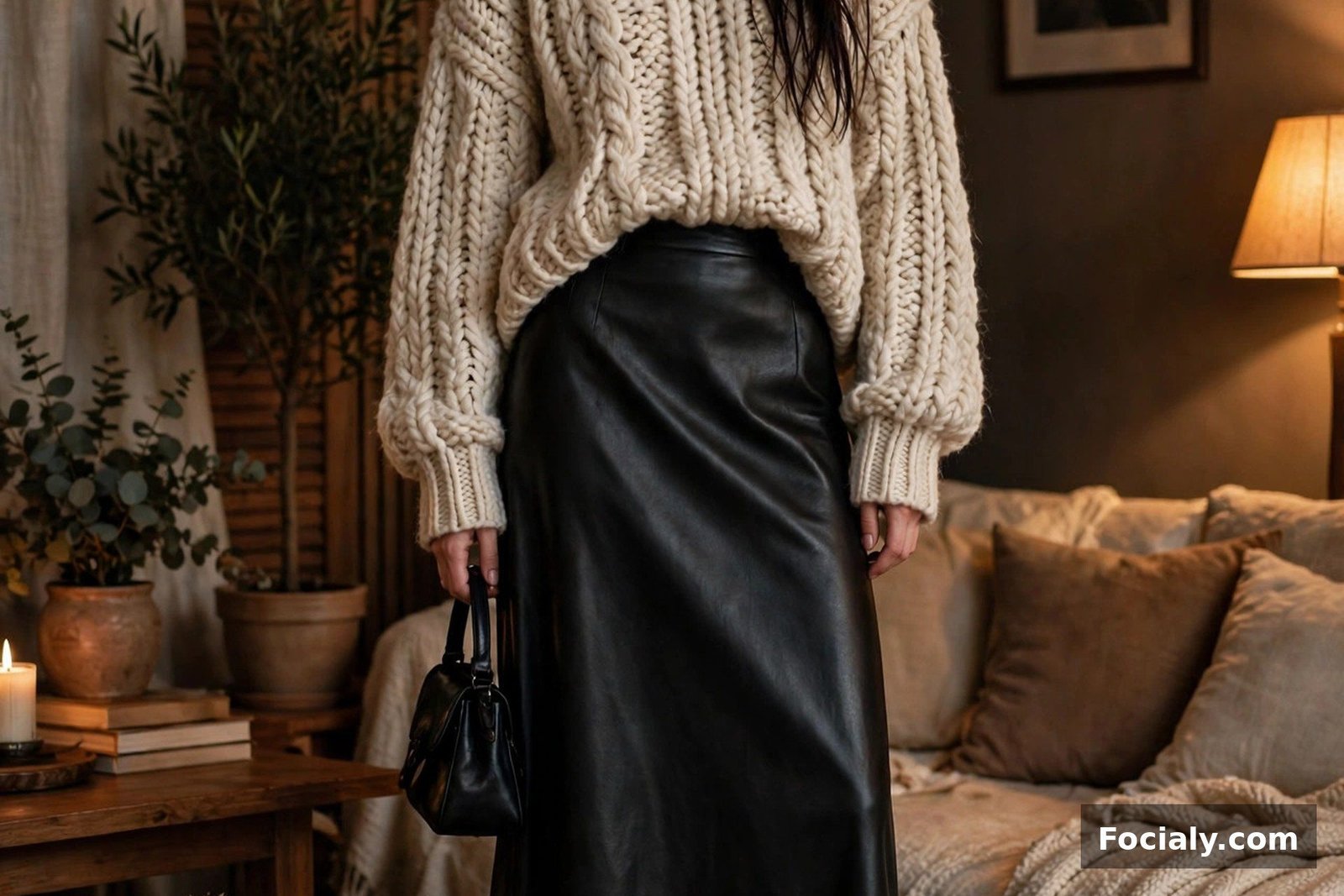 Woman in an oversized oatmeal chunky knit sweater with a black faux leather maxi skirt and heeled boots