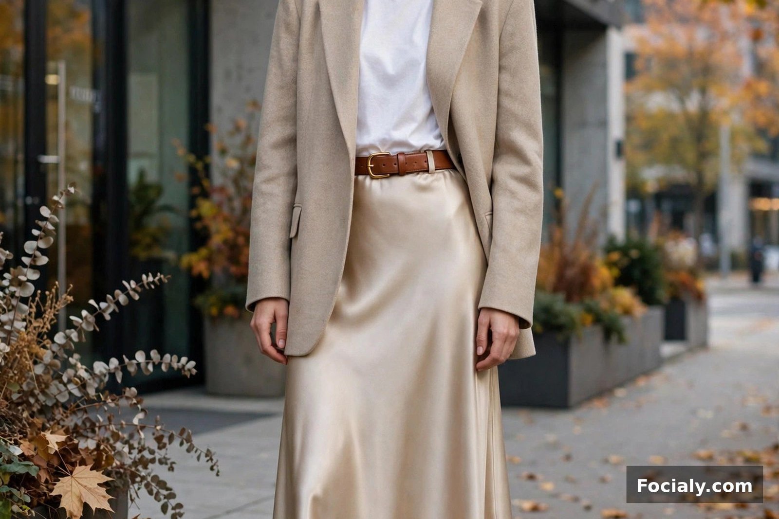 Woman wearing an oversized beige blazer over a white tee with a champagne satin midi skirt and loafers