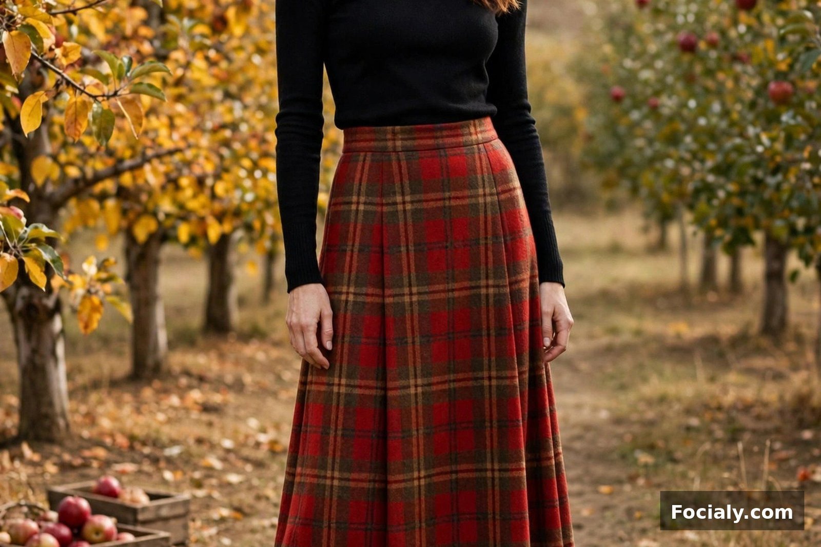 Woman in a black fitted turtleneck with a red and brown plaid wool maxi skirt and knee-high boots