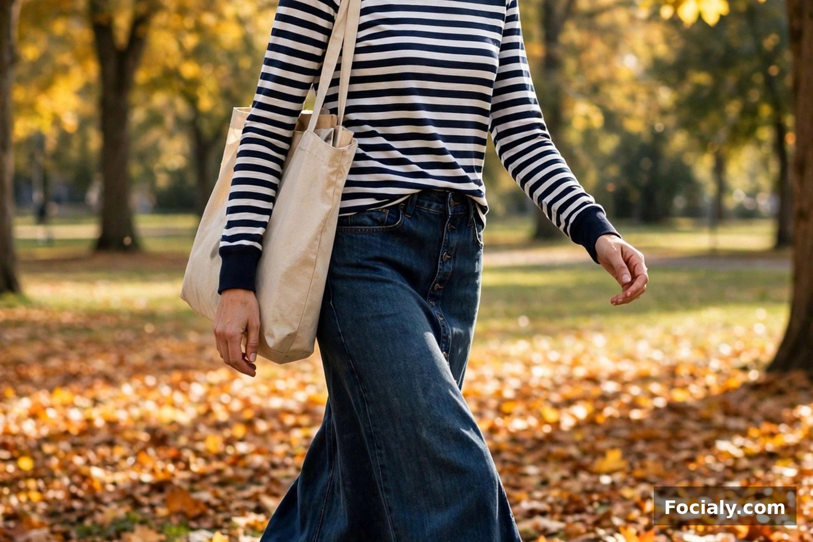 Woman wearing a dark wash denim maxi skirt with a Breton striped long-sleeve top and white sneakers in a park