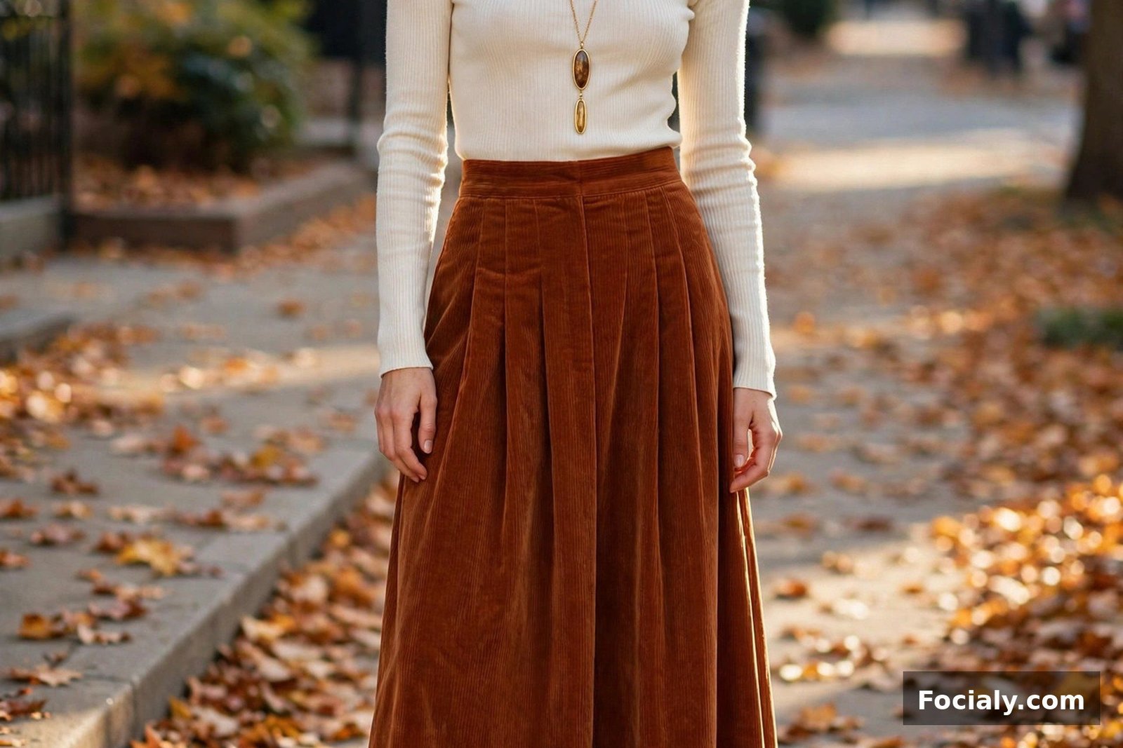 Woman in a rust corduroy maxi skirt with a cream fitted ribbed turtleneck and brown boots