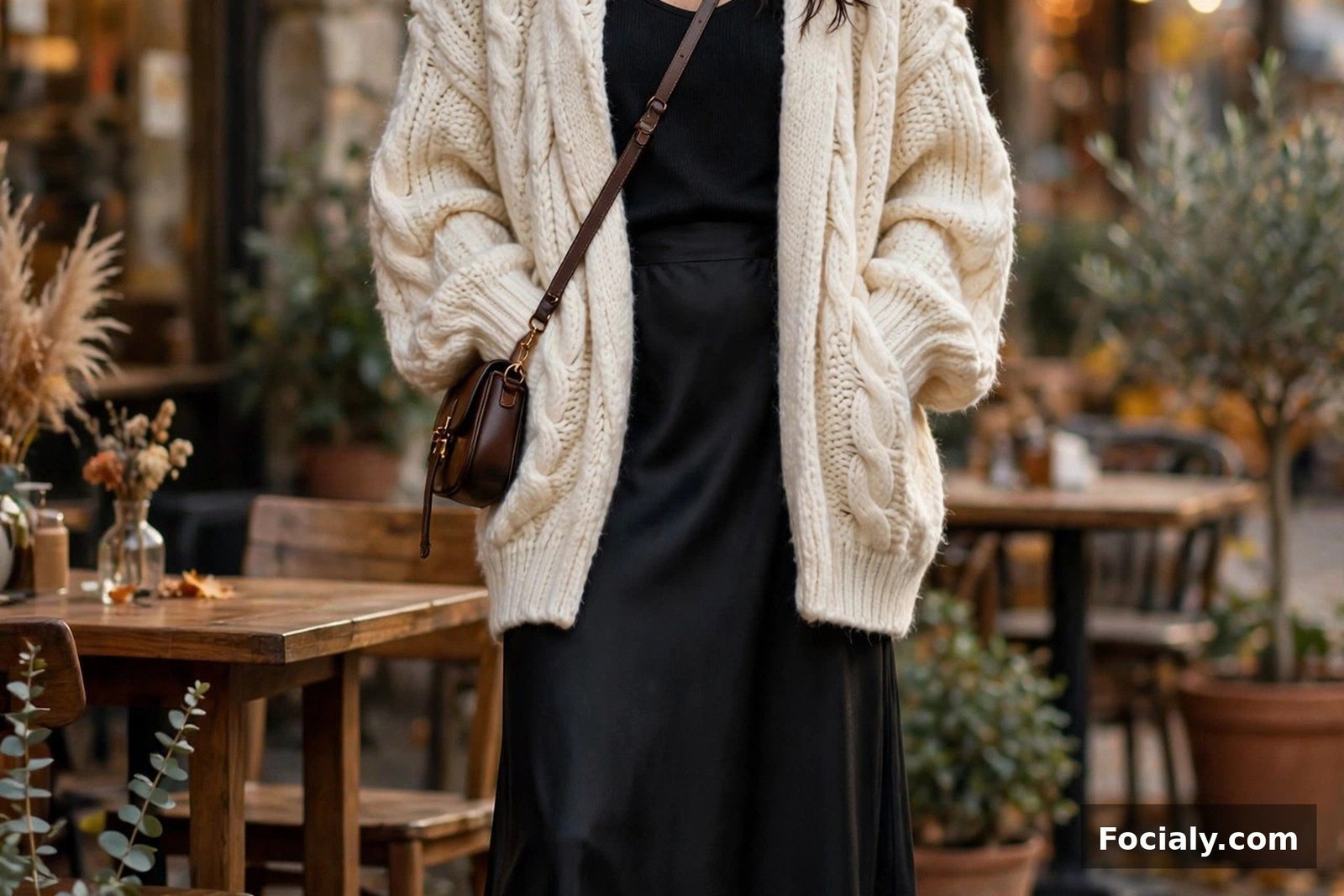 Woman wearing a black satin slip maxi skirt with an oversized cream chunky cardigan and ankle boots