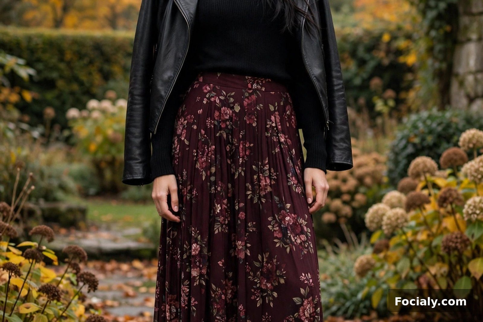 Woman in a dark floral print maxi skirt with a fitted black knit top and black ankle boots in a garden