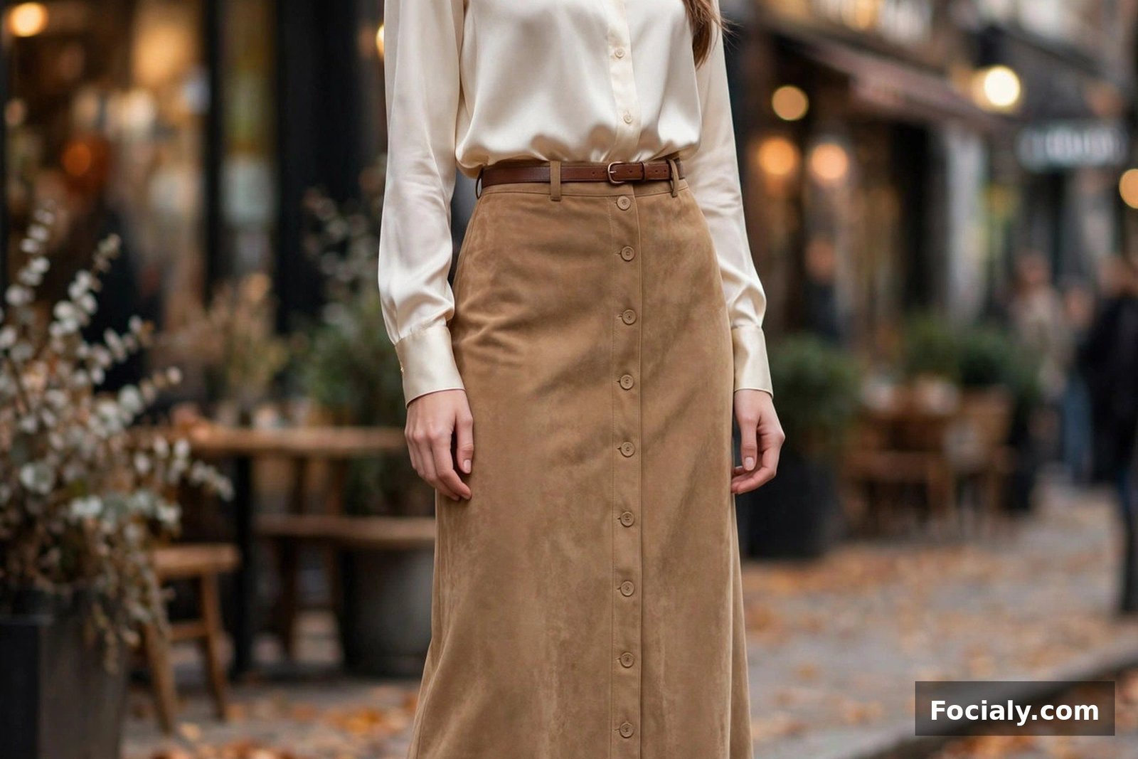 Woman wearing a tan suede button-front maxi skirt with a cream blouse tucked in and heeled boots