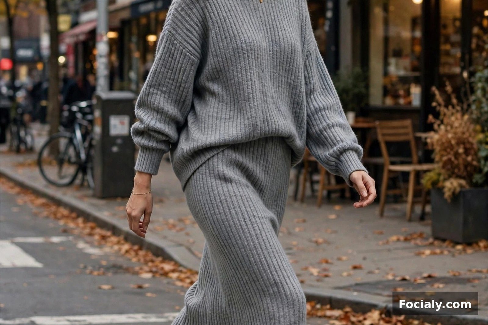 Woman in a matching grey ribbed knit sweater and midi skirt set with white sneakers on a city street