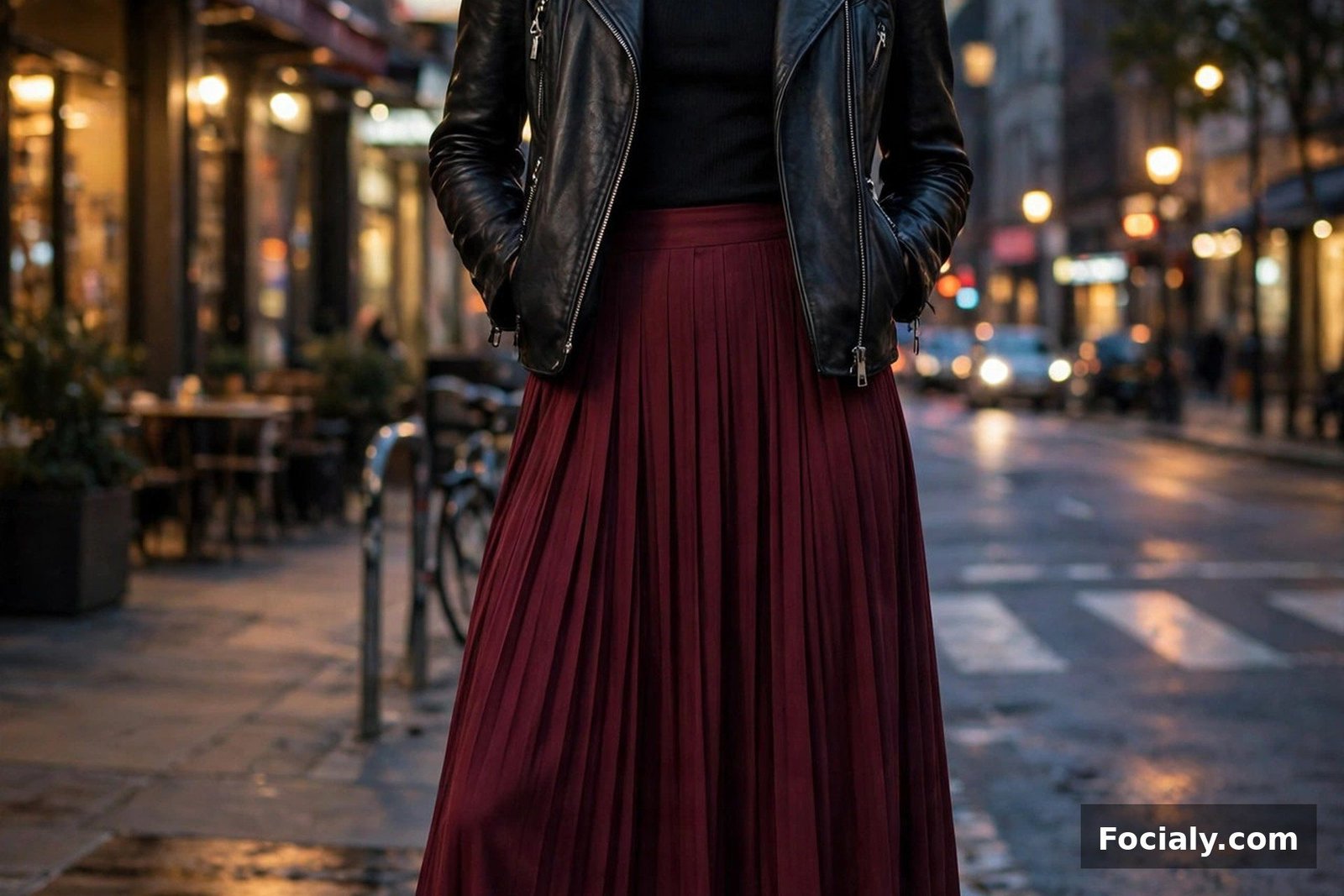 Woman wearing a burgundy pleated maxi skirt with a black leather moto jacket and black boots