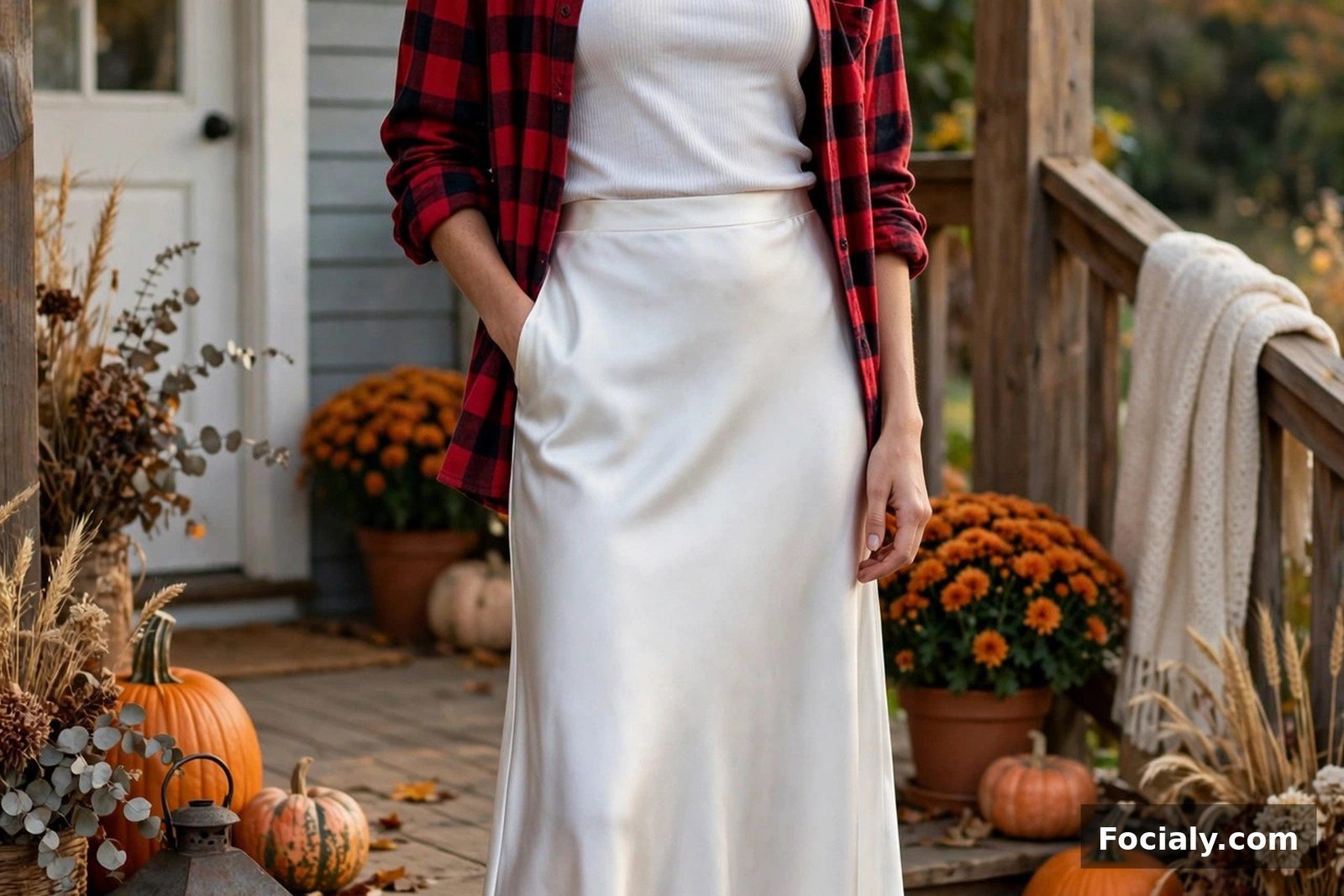 Woman wearing a white satin slip maxi skirt with a red plaid flannel shirt and ankle boots