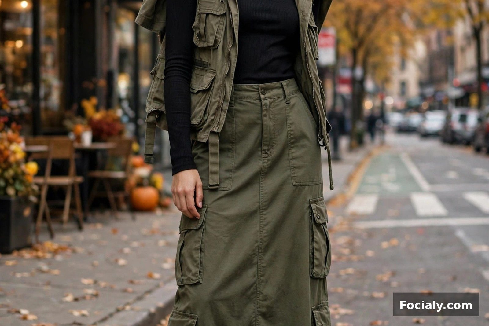 Woman in an olive cargo maxi skirt with a black fitted top and combat boots
