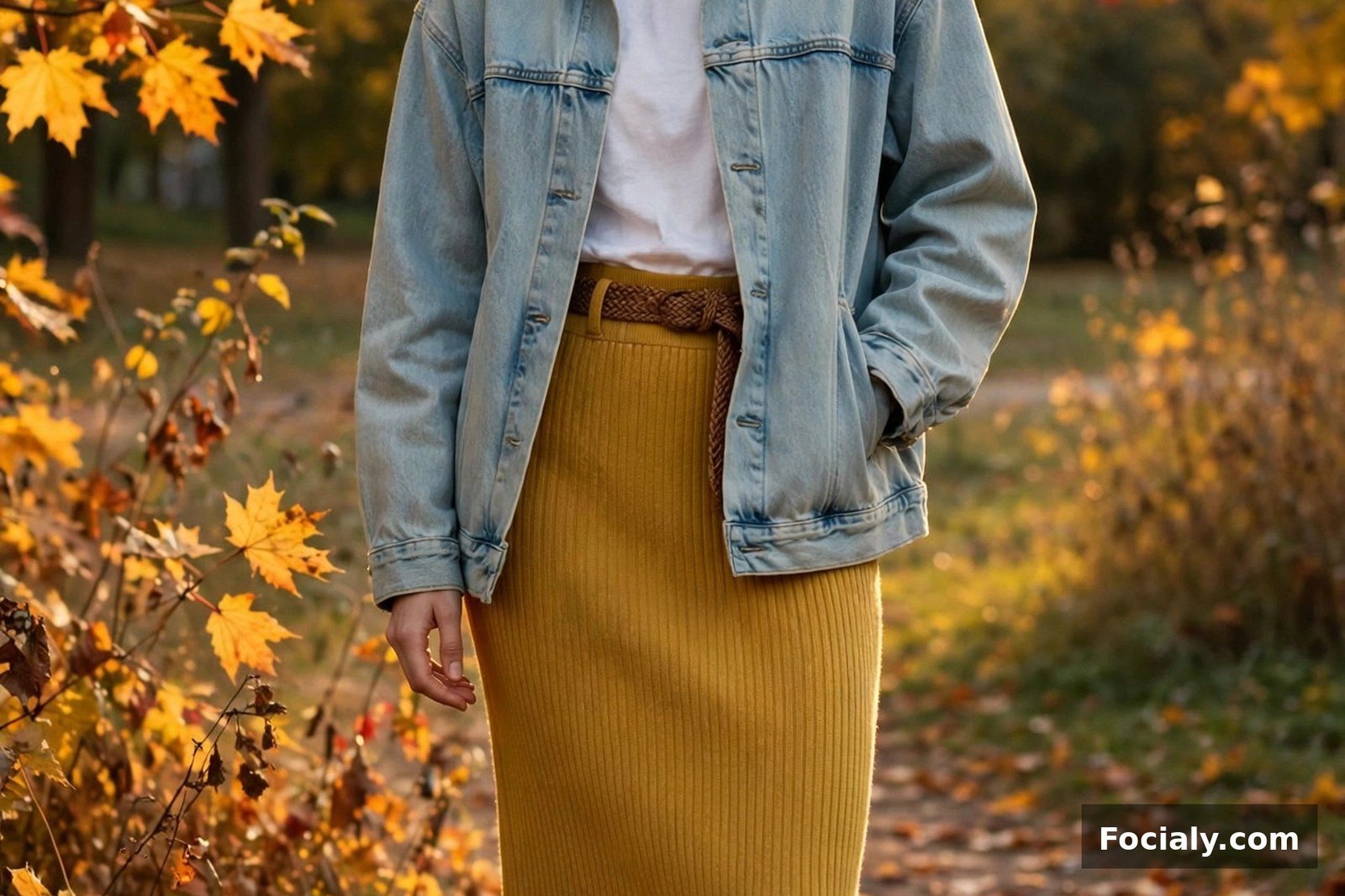 Woman in a mustard ribbed knit midi skirt with an oversized denim jacket and sneakers