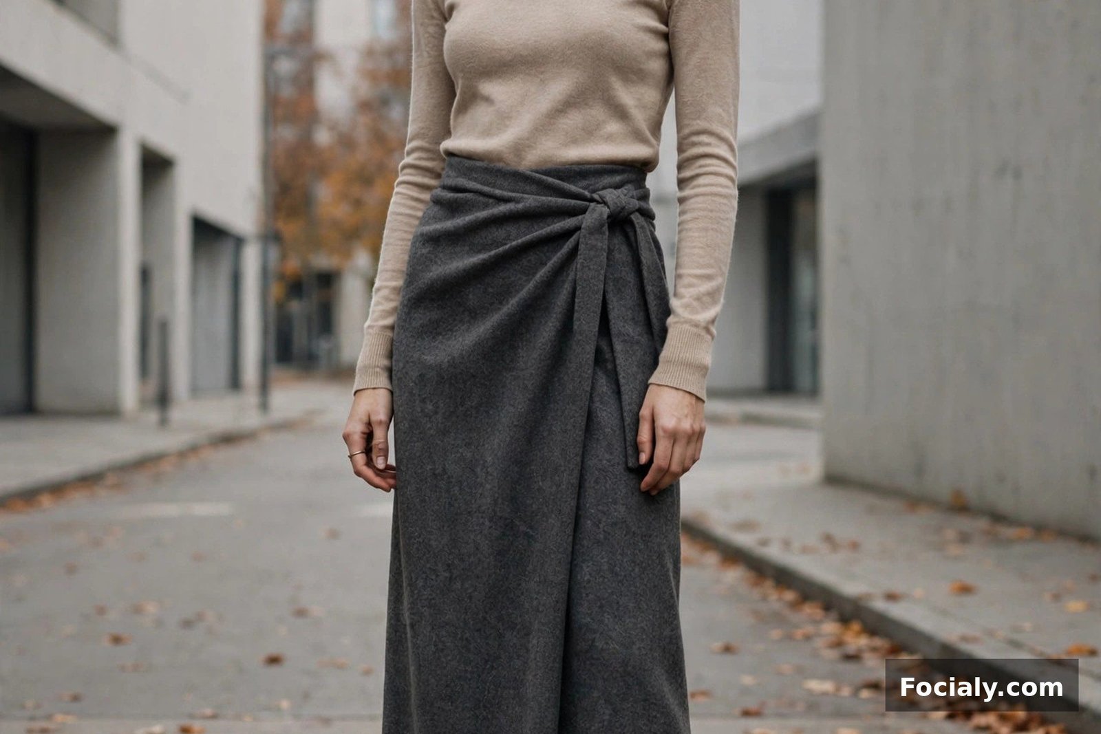 Woman wearing a charcoal wool wrap maxi skirt with a beige turtleneck and heeled boots