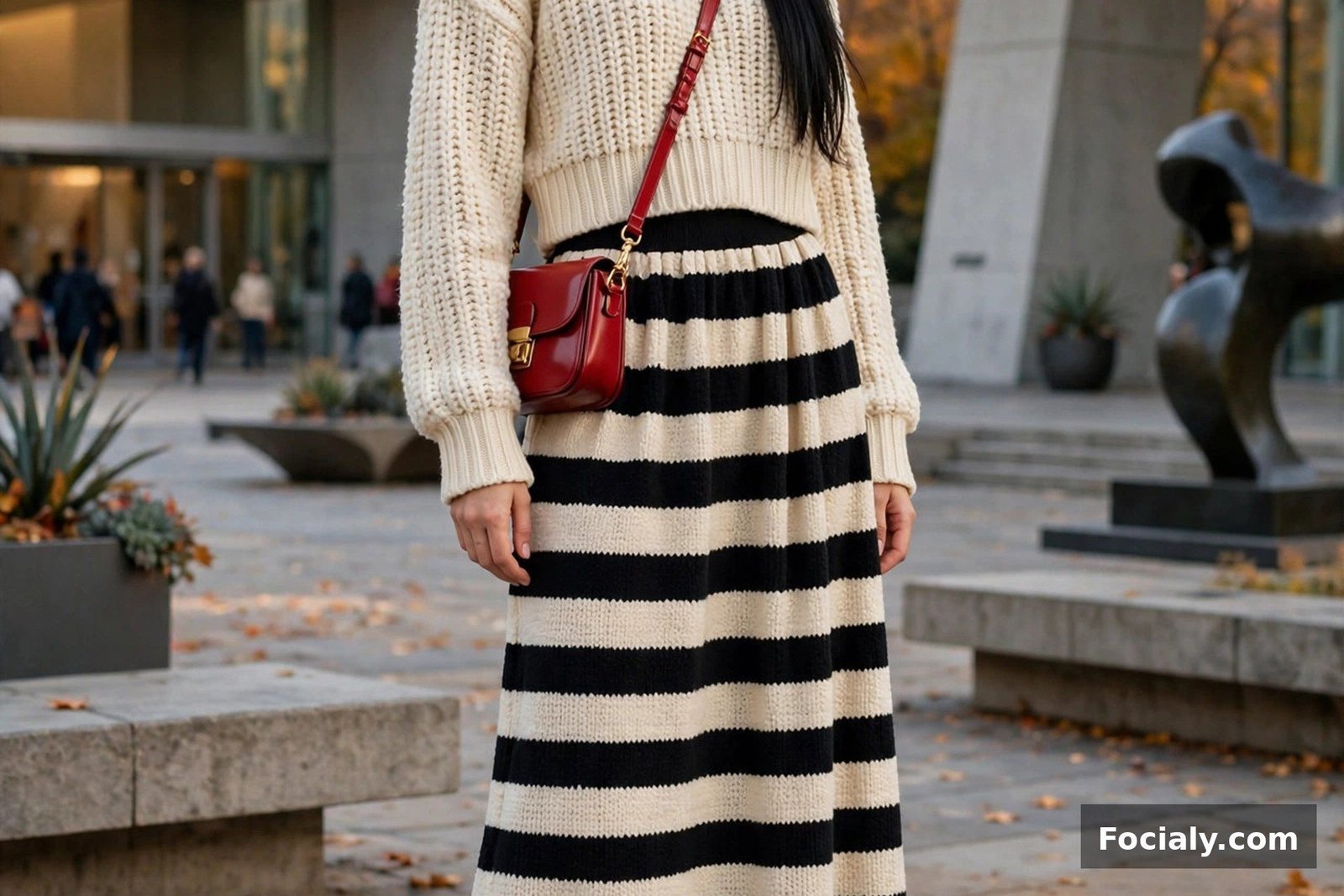 Woman in a black and cream striped knit maxi skirt with a cream cropped sweater and boots