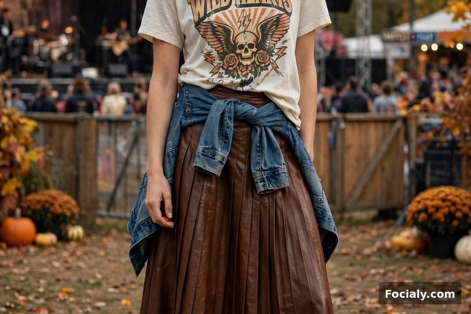 Woman wearing a brown leather pleated midi skirt with a vintage graphic tee and sneakers