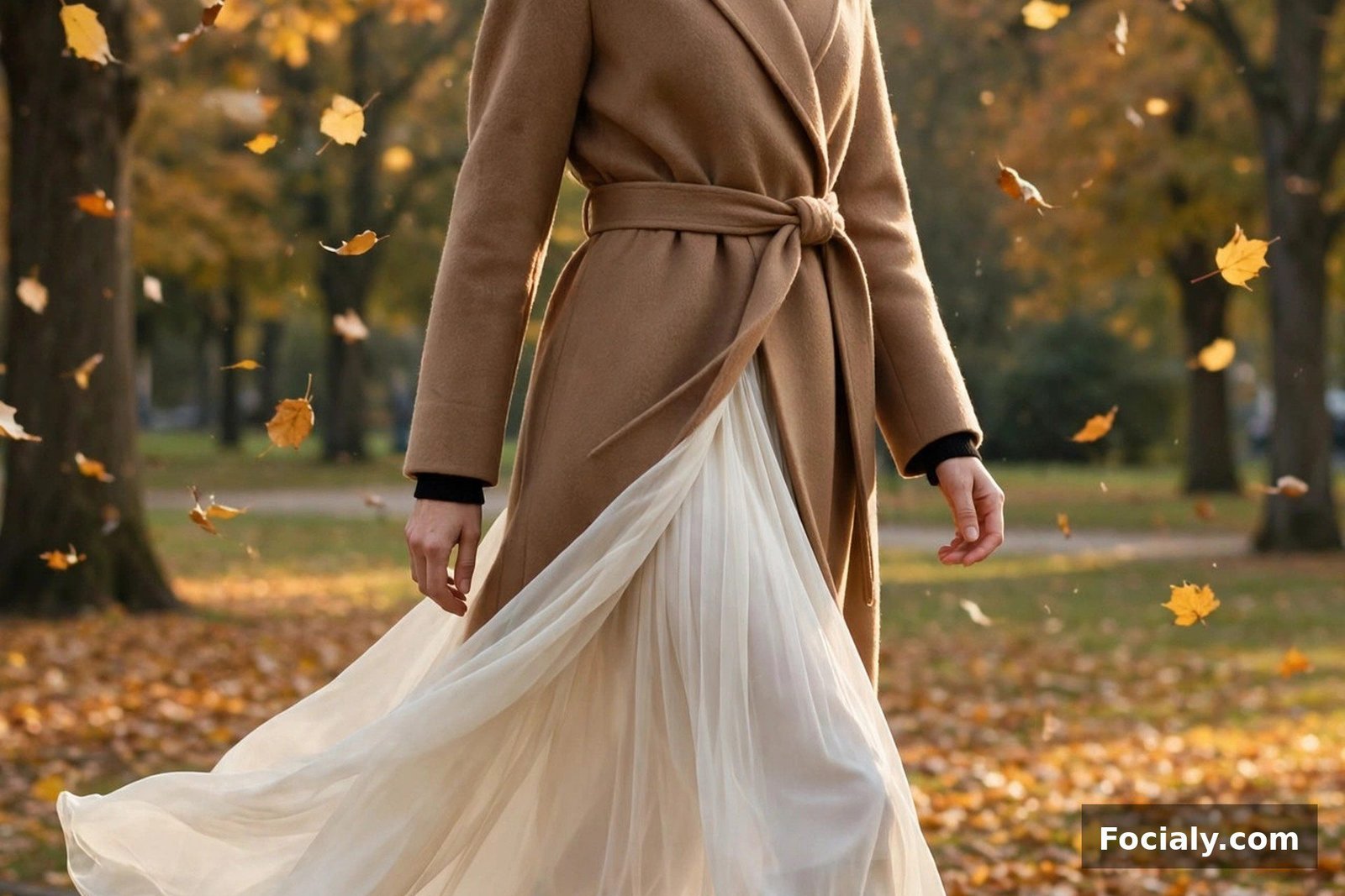 Woman in an ivory flowing maxi skirt with a camel wrap coat and knee-high boots