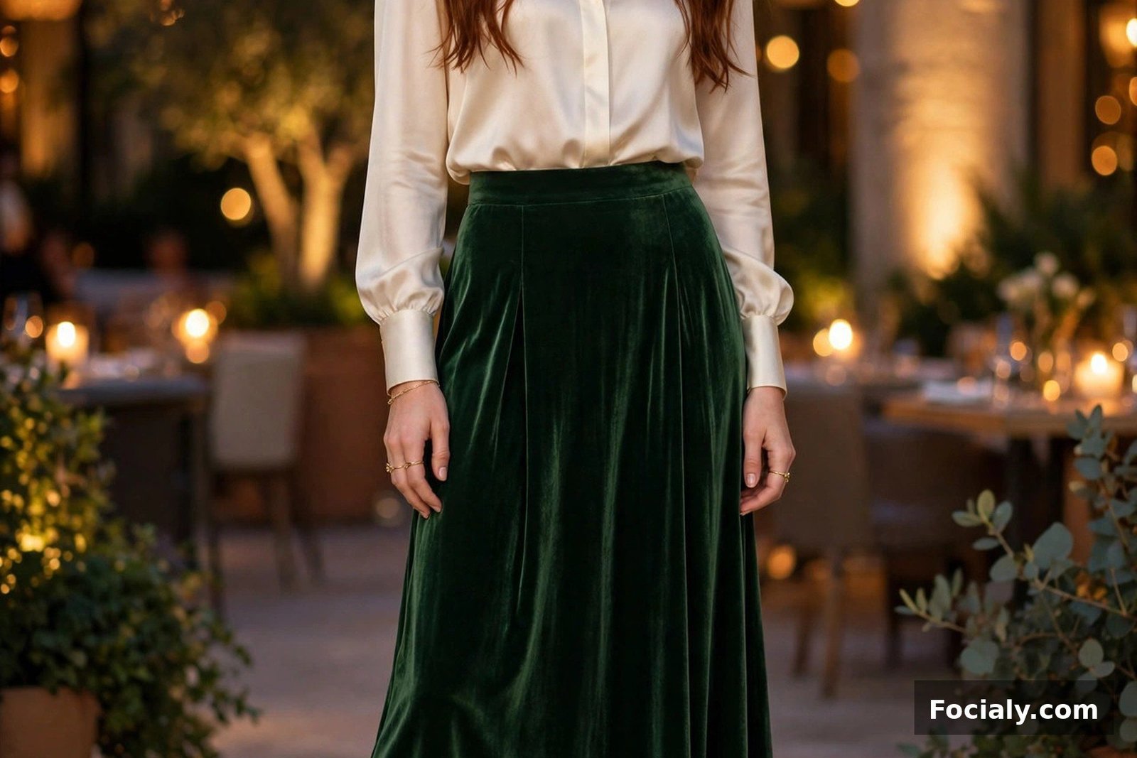Woman wearing a forest green velvet maxi skirt with a cream silk blouse and gold heels