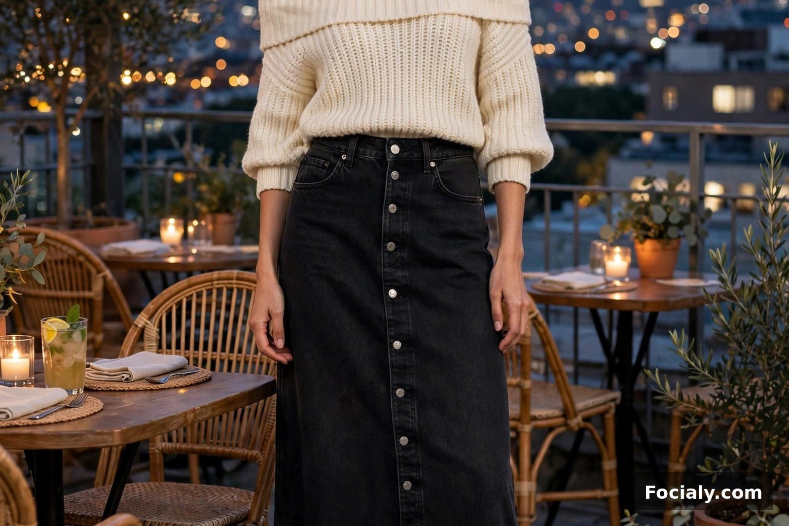 Woman in a black denim maxi skirt with an off-shoulder cream knit top and heeled boots