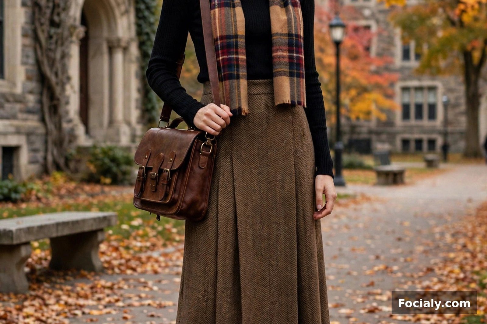 Woman wearing a brown tweed midi skirt with a black turtleneck, tights and loafers