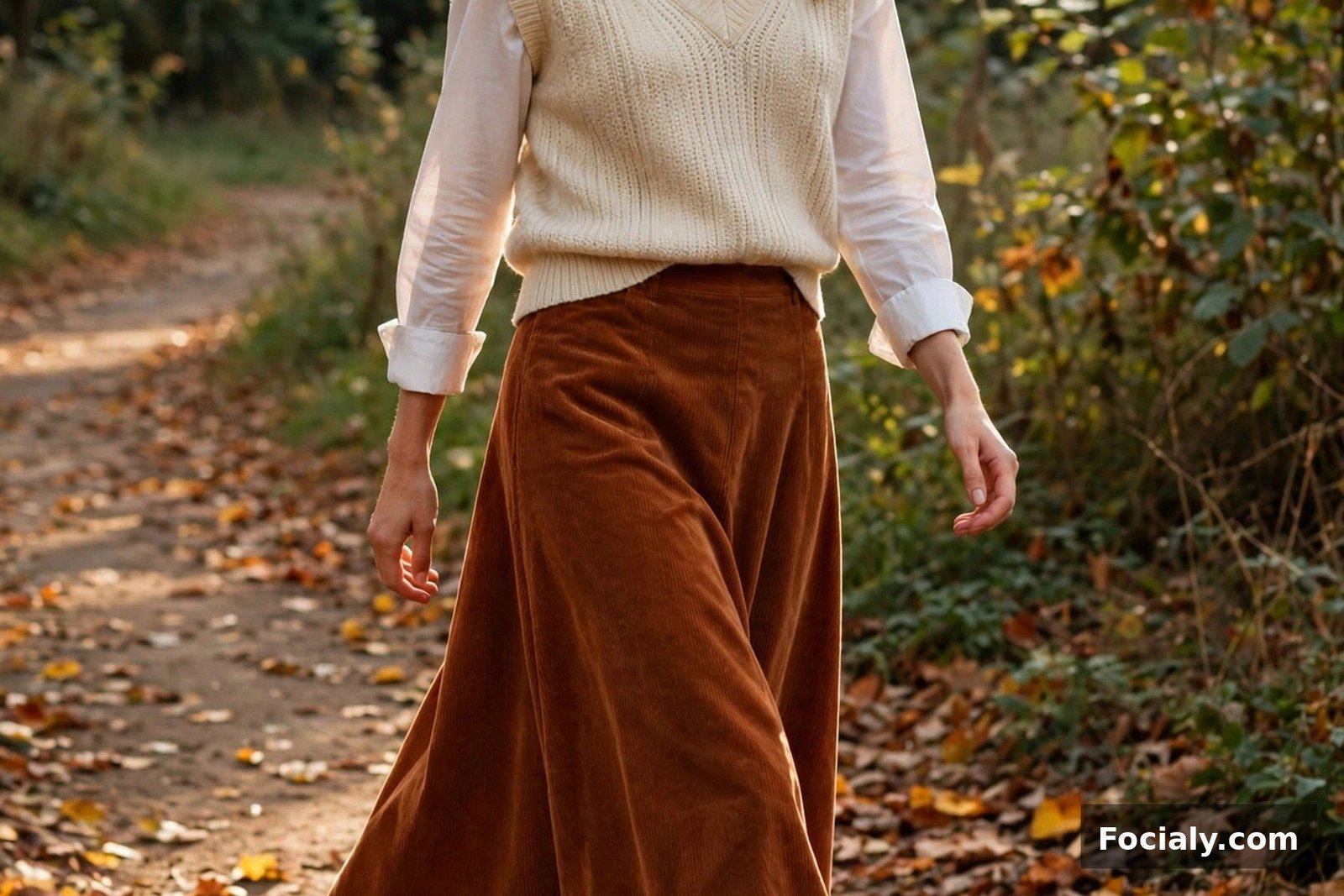 Woman in a rust corduroy A-line maxi skirt with a cream knit vest and collared shirt