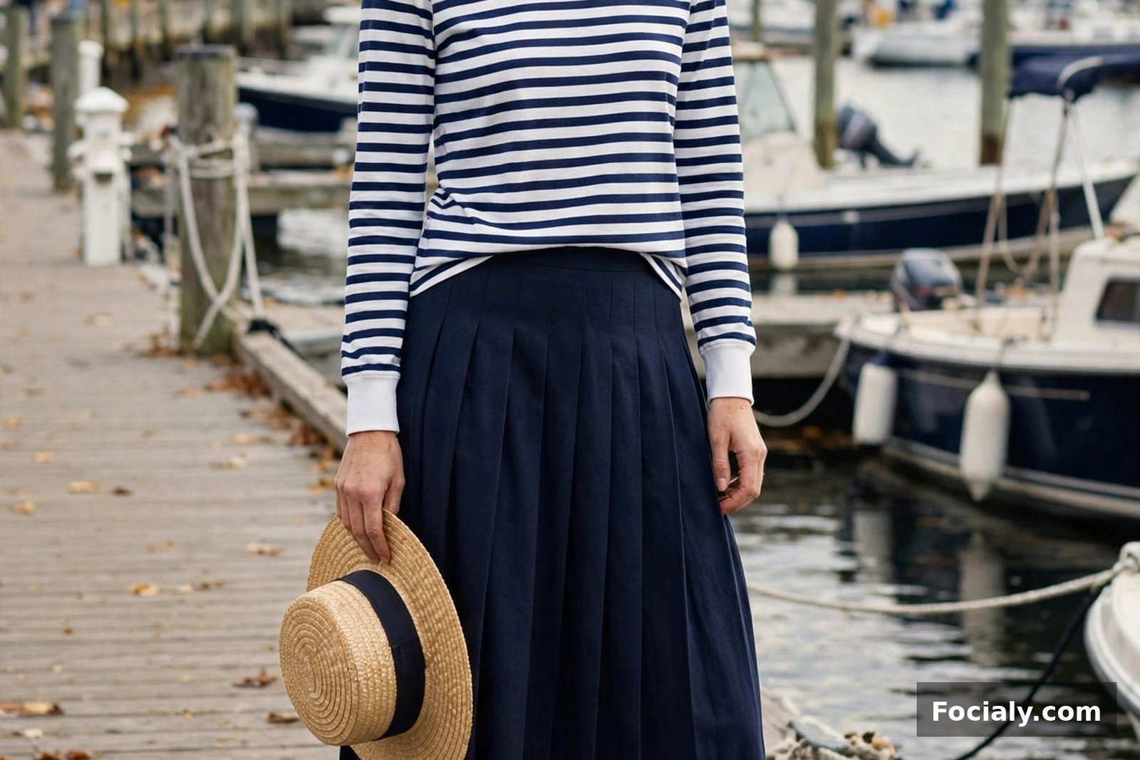 Woman wearing a navy pleated midi skirt with a sailor stripe top and red espadrilles