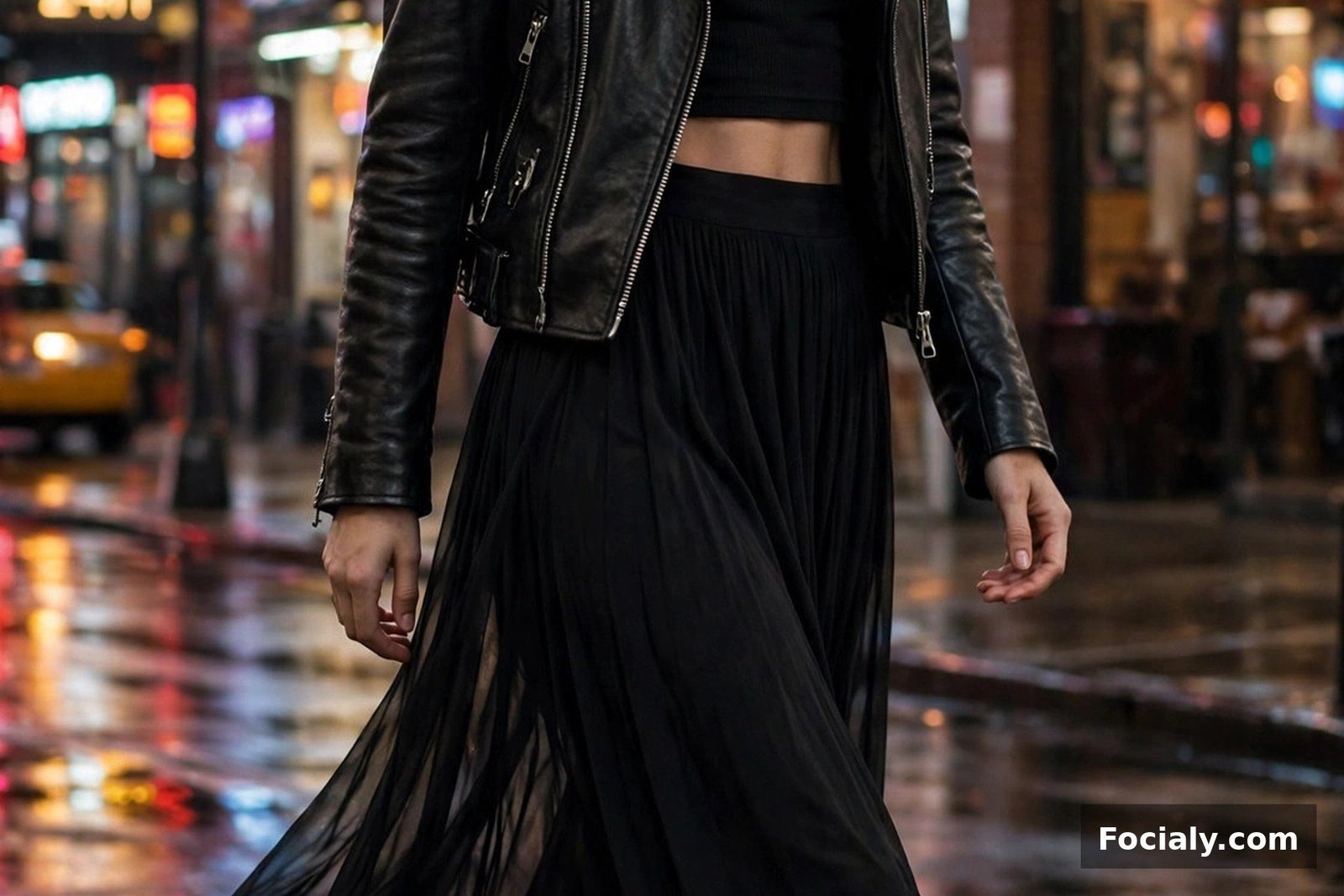 Woman wearing a black flowy maxi skirt with a black biker jacket and ankle boots