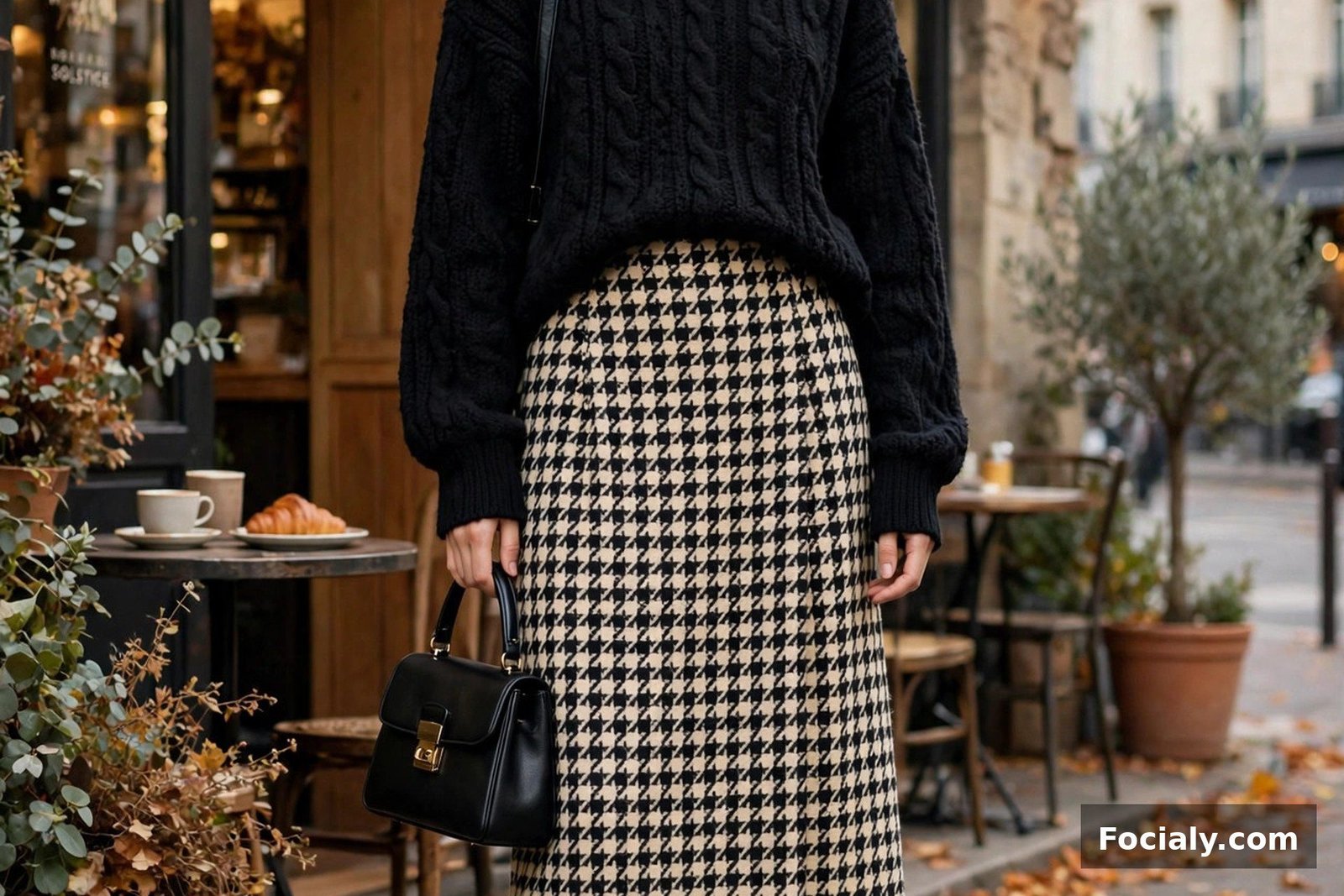 Woman in a houndstooth midi skirt with a black oversized sweater, tights and loafers