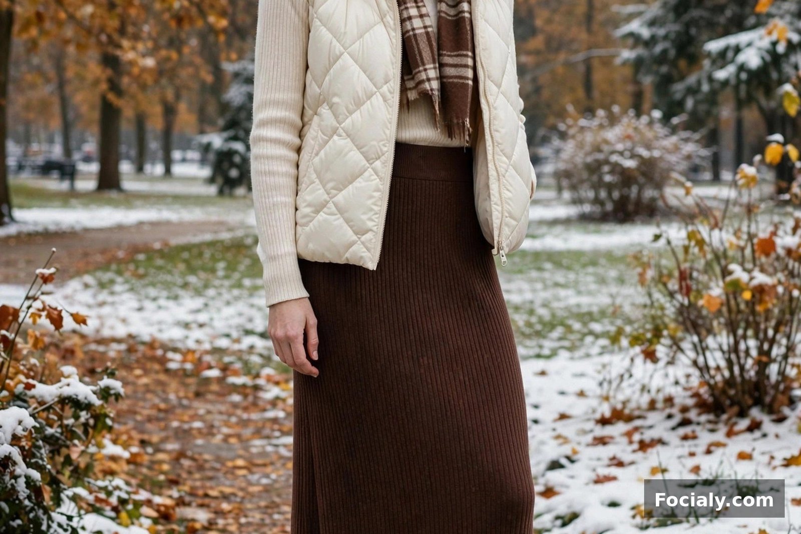 Woman wearing a chocolate brown knit maxi skirt with a cream puffer vest and boots