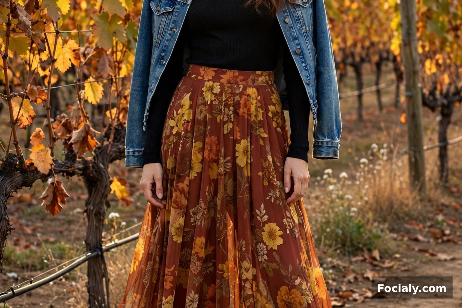 Woman in a floral chiffon maxi skirt with a black fitted top and knee-high boots