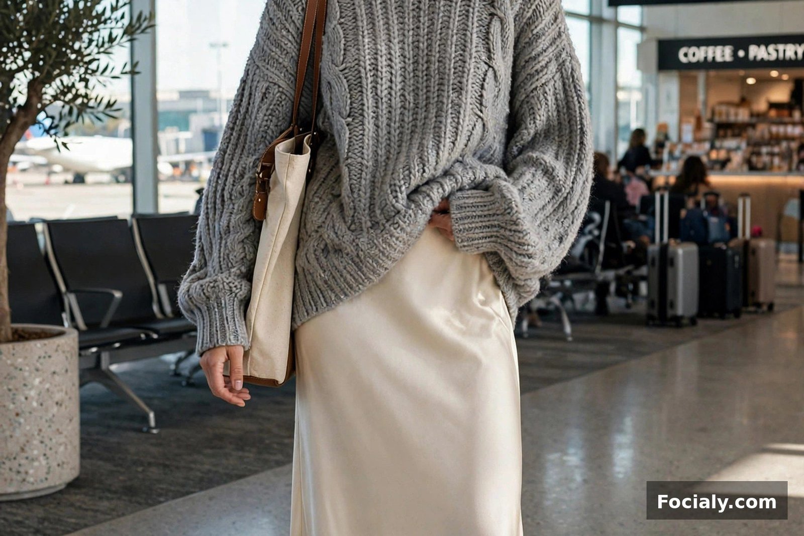 Woman wearing a cream satin slip maxi skirt with an oversized grey knit sweater and sneakers