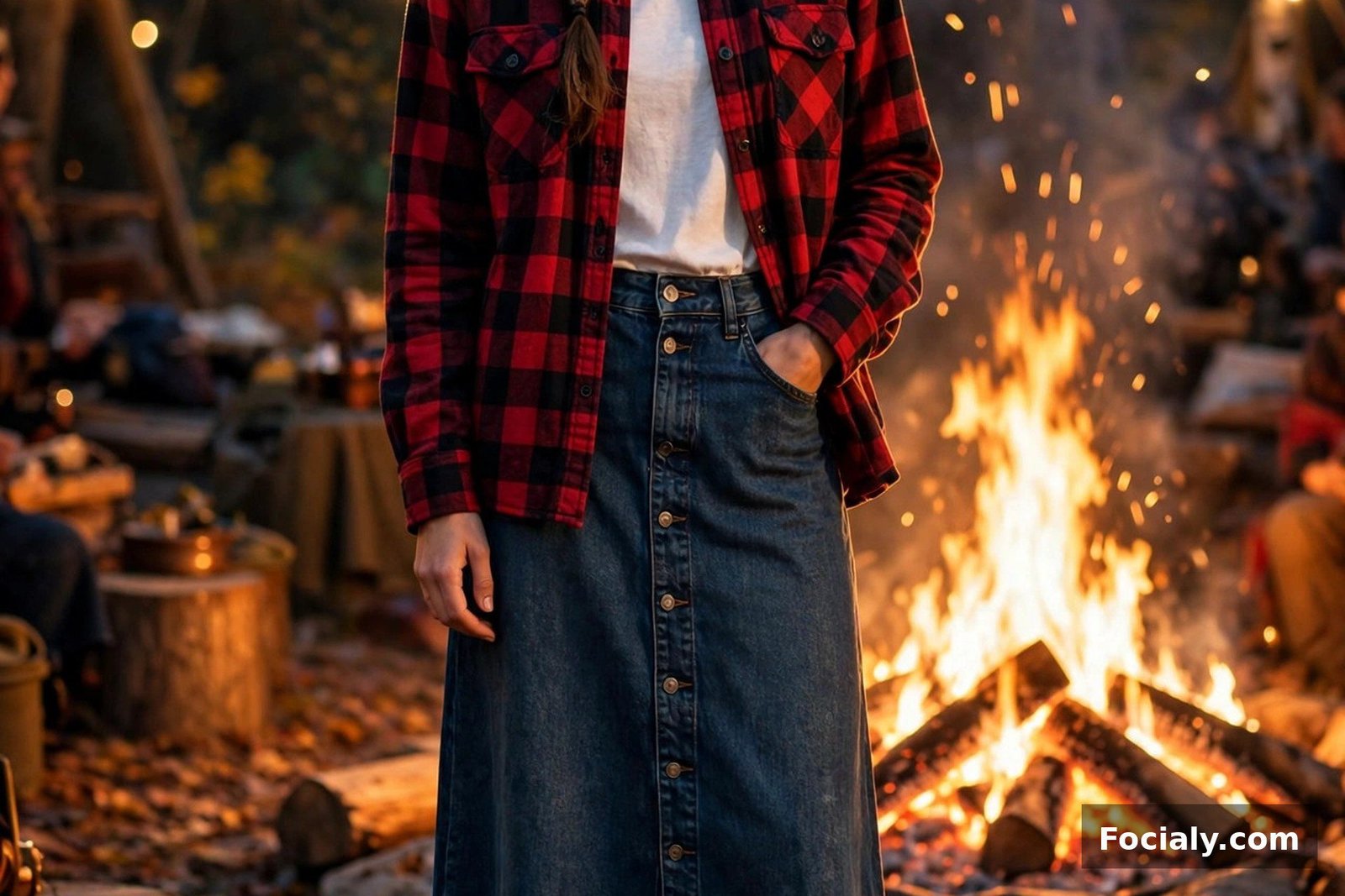 Woman in a dark wash denim maxi skirt with a plaid shacket and ankle boots
