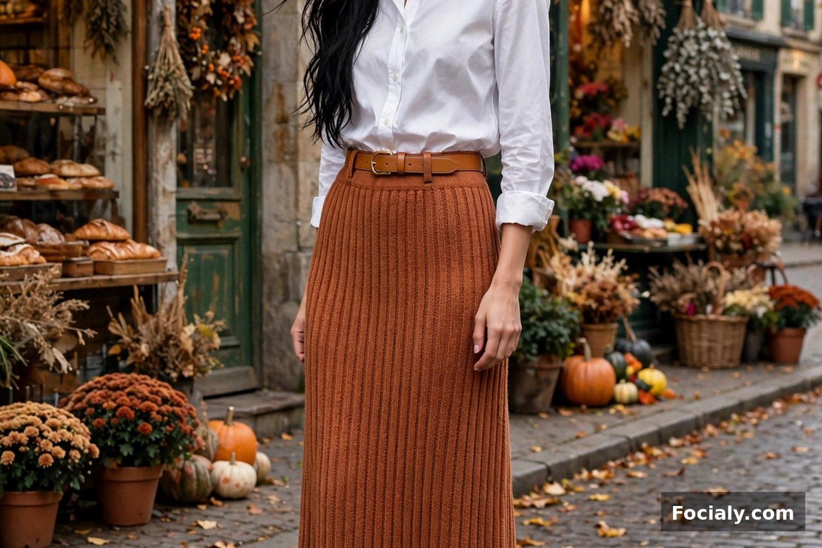 Woman in a terracotta knit maxi skirt with a white button-down shirt and heeled boots