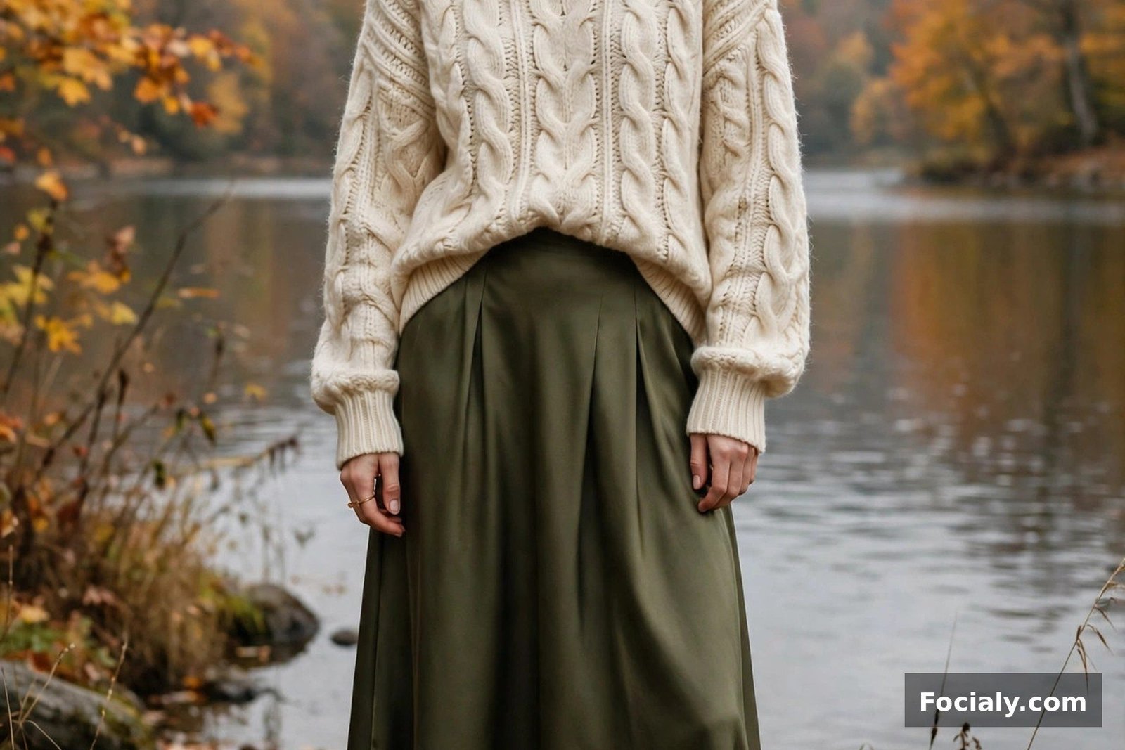 Woman in an olive satin midi skirt with a cream cable-knit sweater and ankle boots