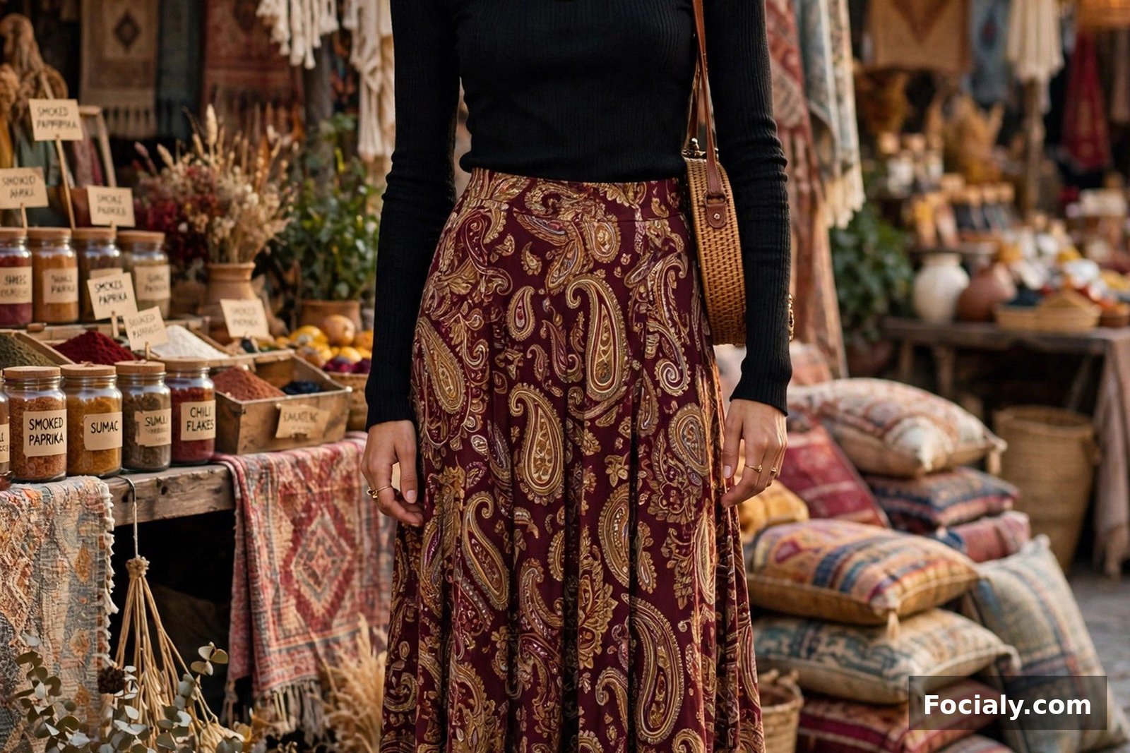 Woman wearing a paisley print maxi skirt with a black fitted turtleneck and ankle boots