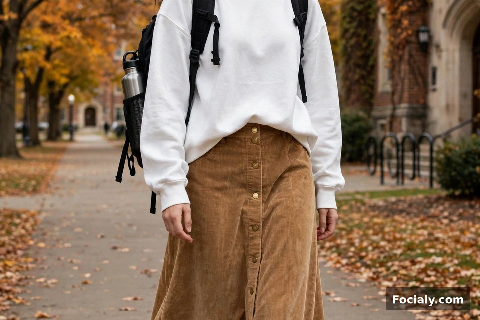 Woman in a camel corduroy maxi skirt with a white sweatshirt and sneakers