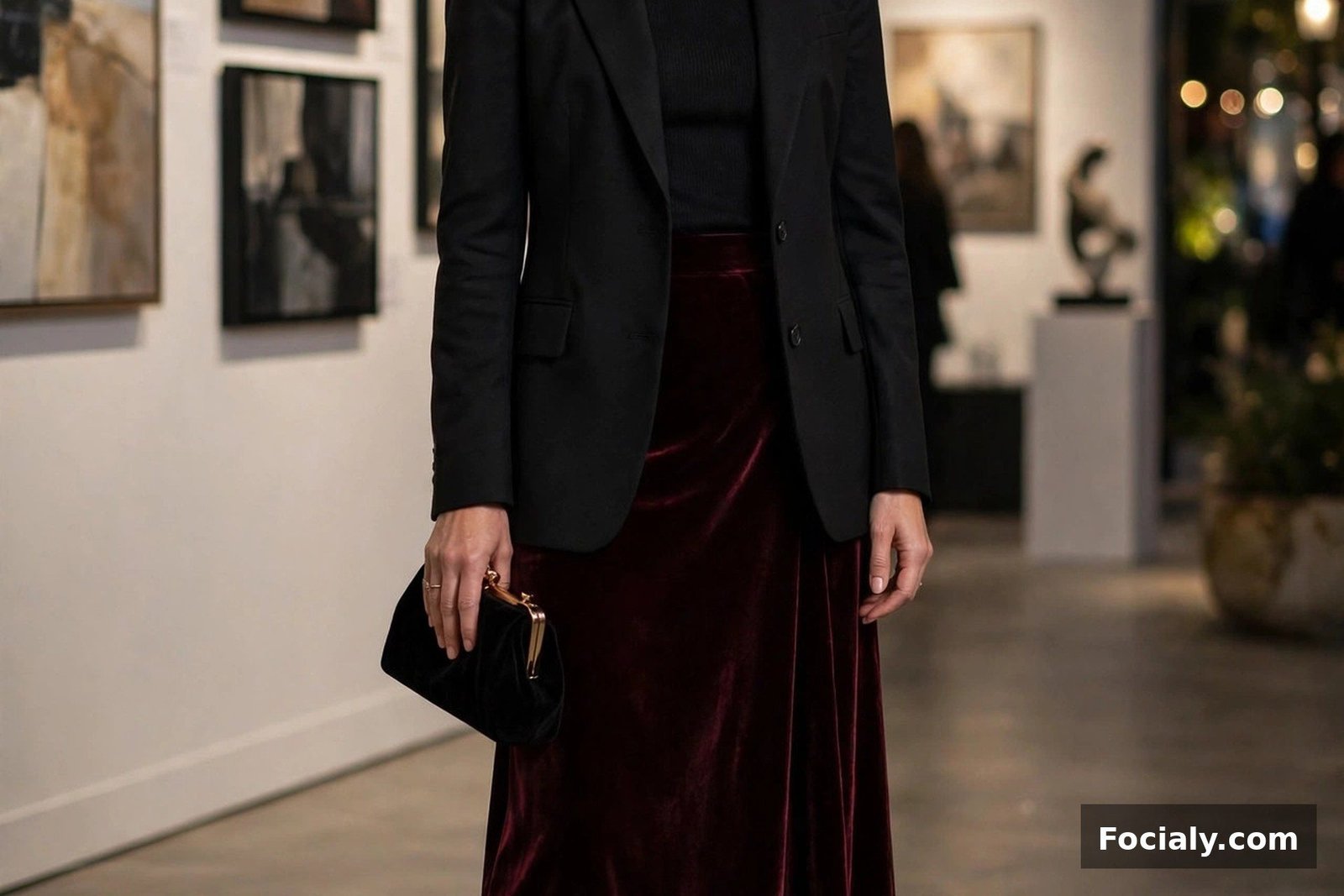 Woman wearing a wine velvet midi skirt with a black blazer and pointed heels