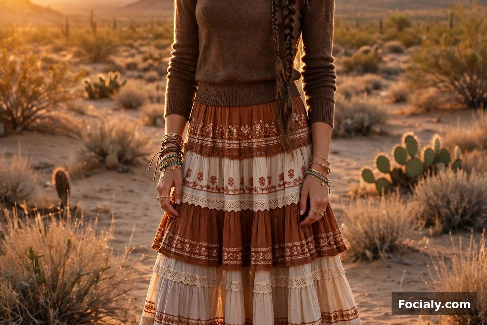 Woman in a tiered bohemian maxi skirt with a fitted brown knit top and suede boots