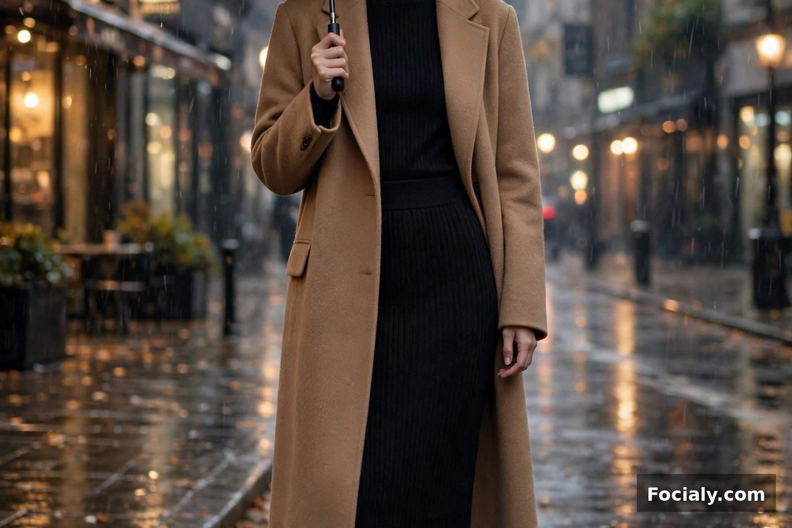 Woman wearing a black knit pencil maxi skirt with a camel wool coat and heeled boots