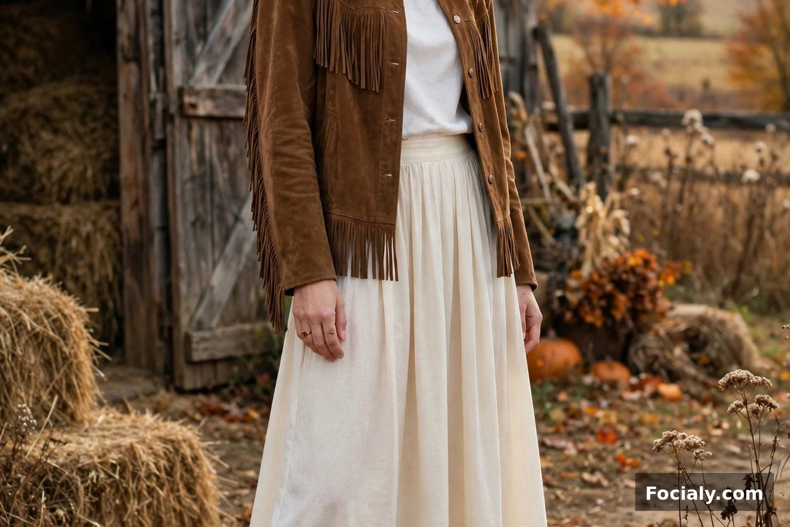 Woman in a cream lace-trim maxi skirt with a brown suede jacket and cowboy boots