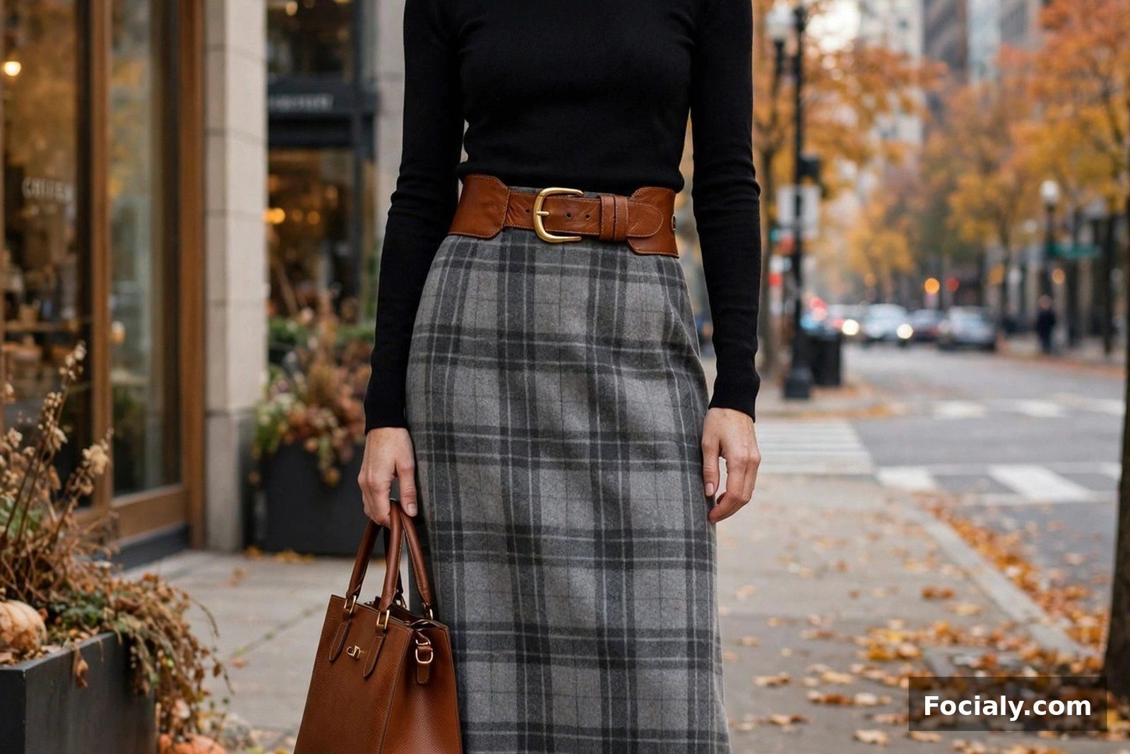 Woman wearing a grey flannel maxi skirt with a black turtleneck, wide belt and boots