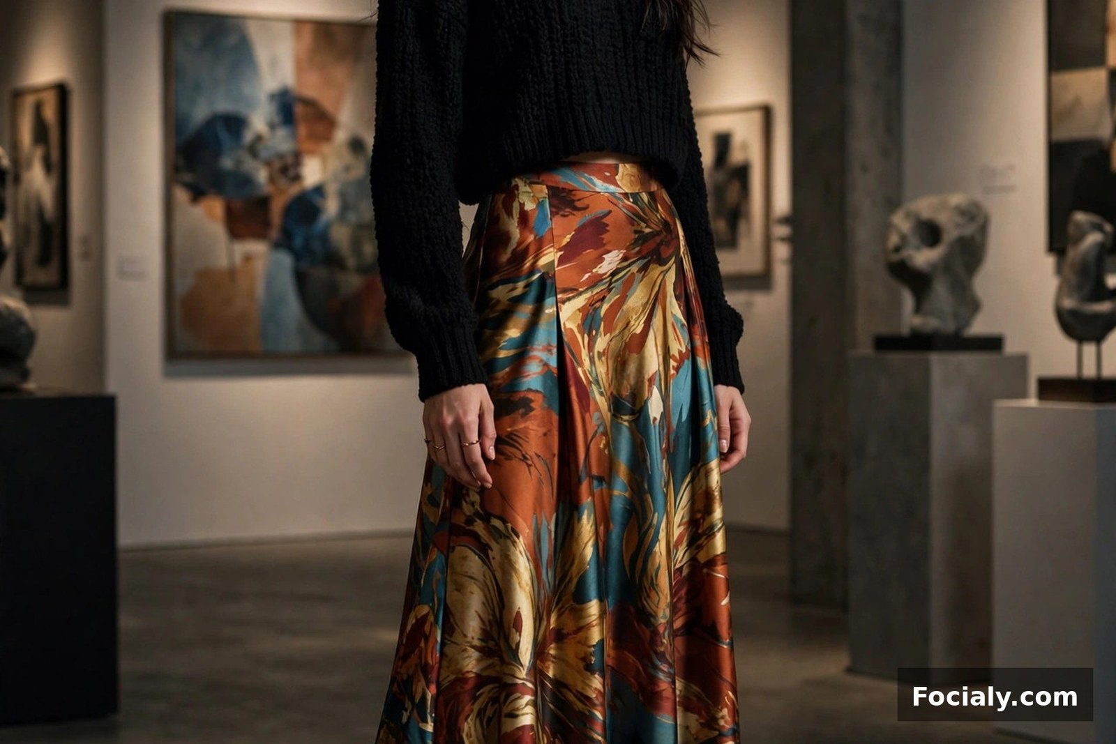 Woman in a printed silk maxi skirt with a black cropped sweater and heeled boots