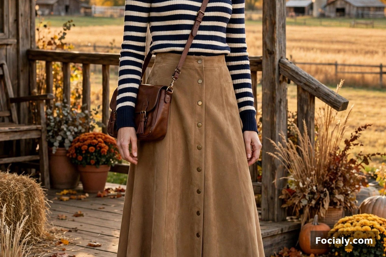 Woman wearing a tan suede maxi skirt with a striped turtleneck and knee-high boots