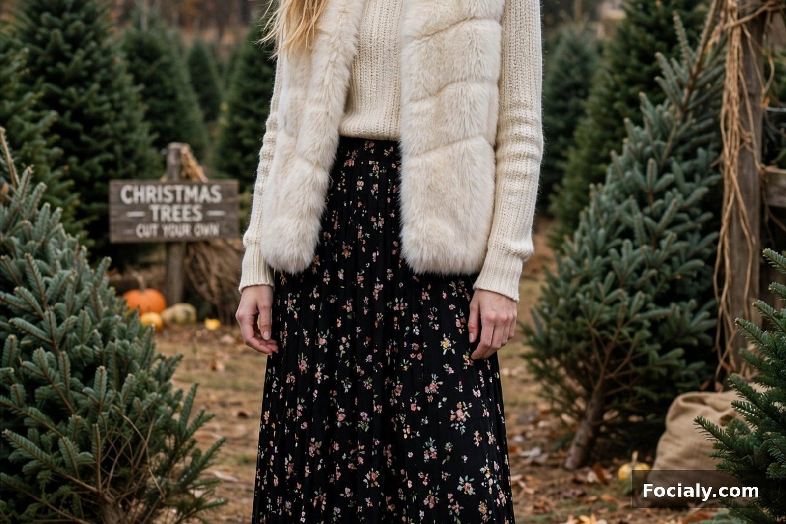 Woman in a black floral maxi skirt with a cream faux fur gilet and ankle boots