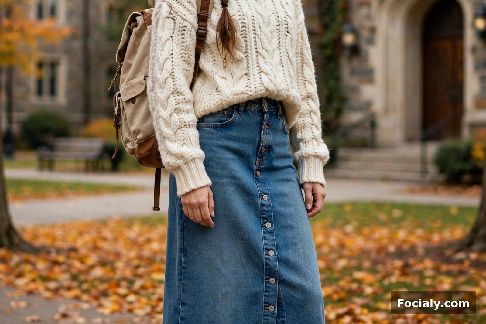 Woman wearing a denim button-front midi skirt with a chunky turtleneck and lace-up boots
