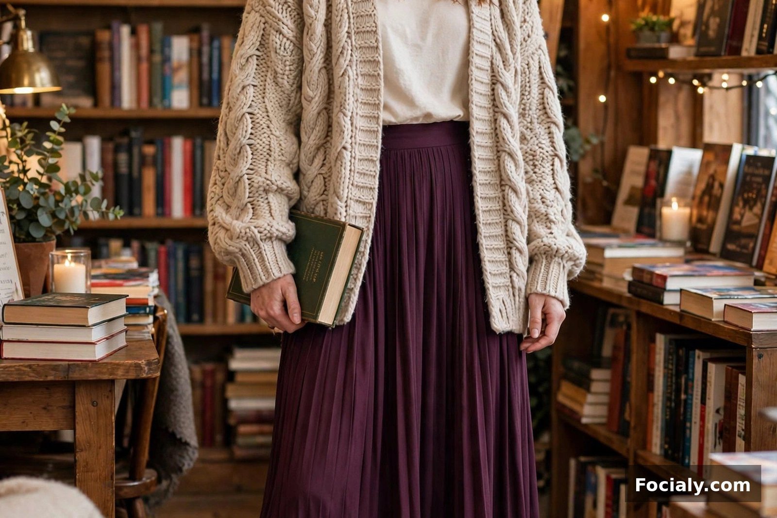 Woman in a plum pleated maxi skirt with a beige oversized cardigan and ankle boots
