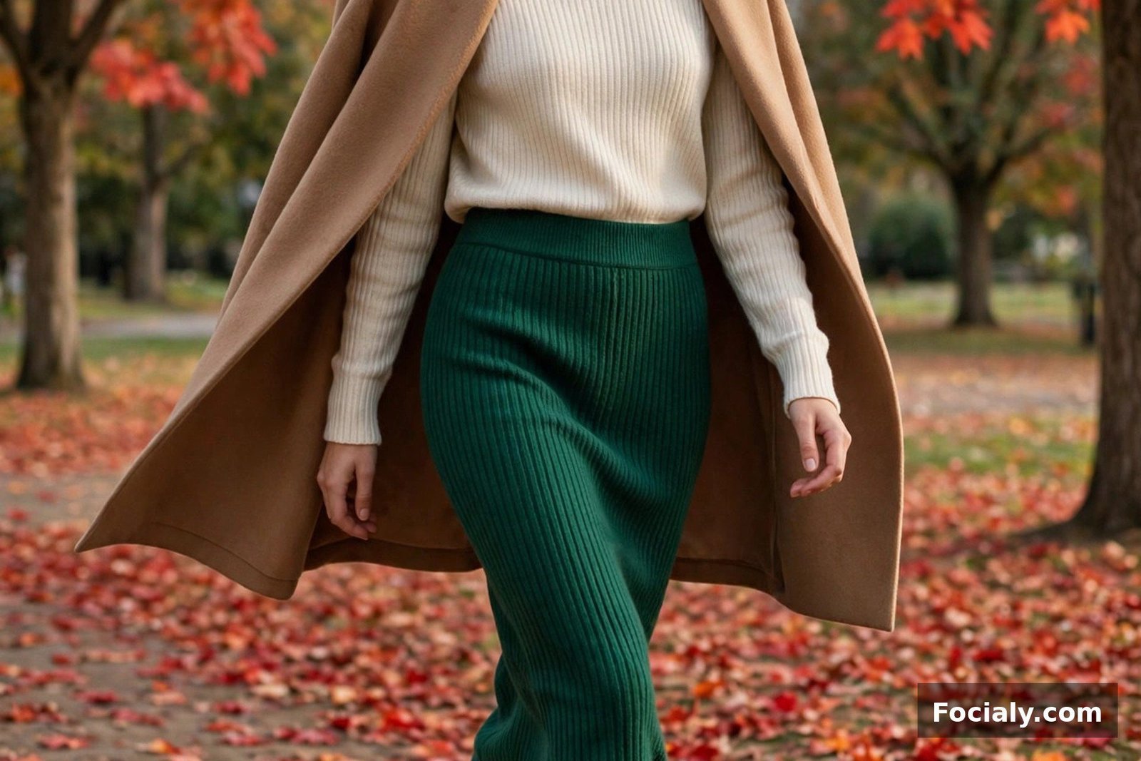 Woman in an emerald knit midi skirt with a cream turtleneck and tan ankle boots