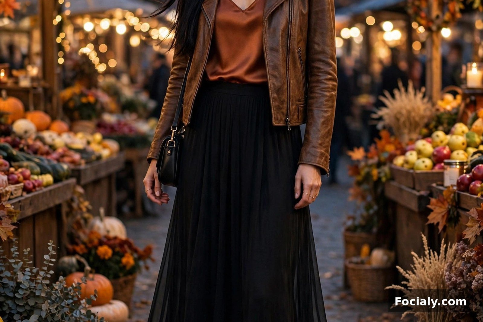 Woman wearing a black chiffon maxi skirt with a rust camisole and leather jacket