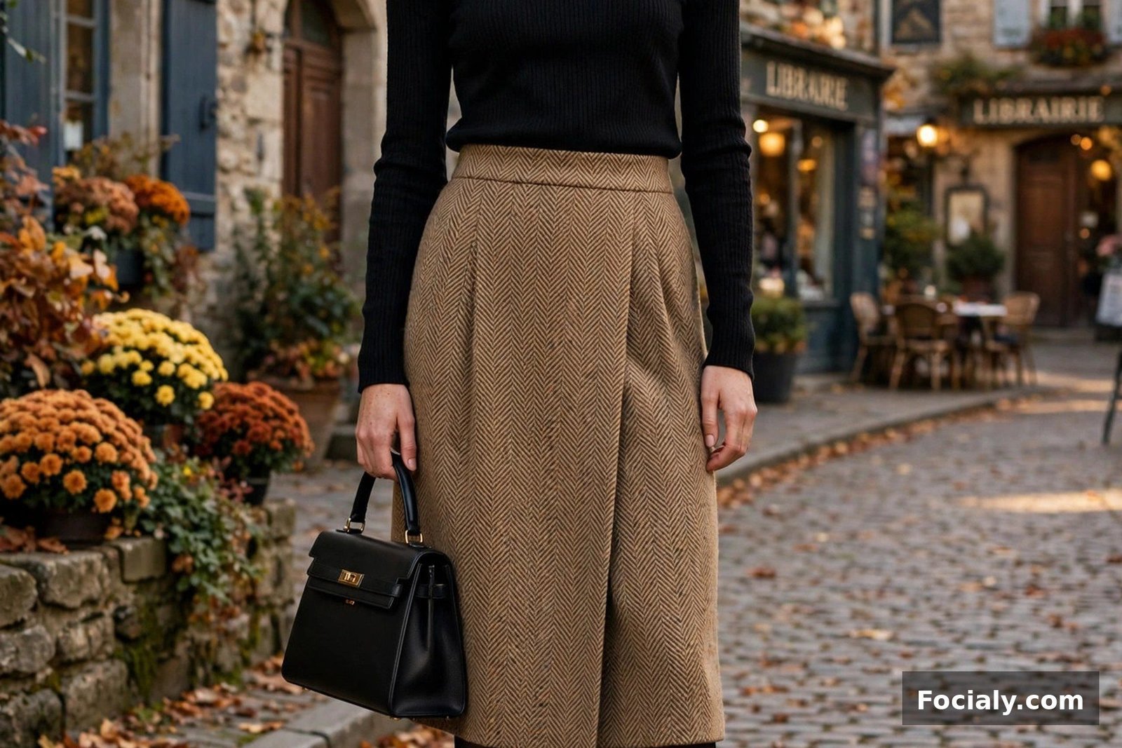 Woman in a camel herringbone midi skirt with a black roll-neck sweater and knee-high boots