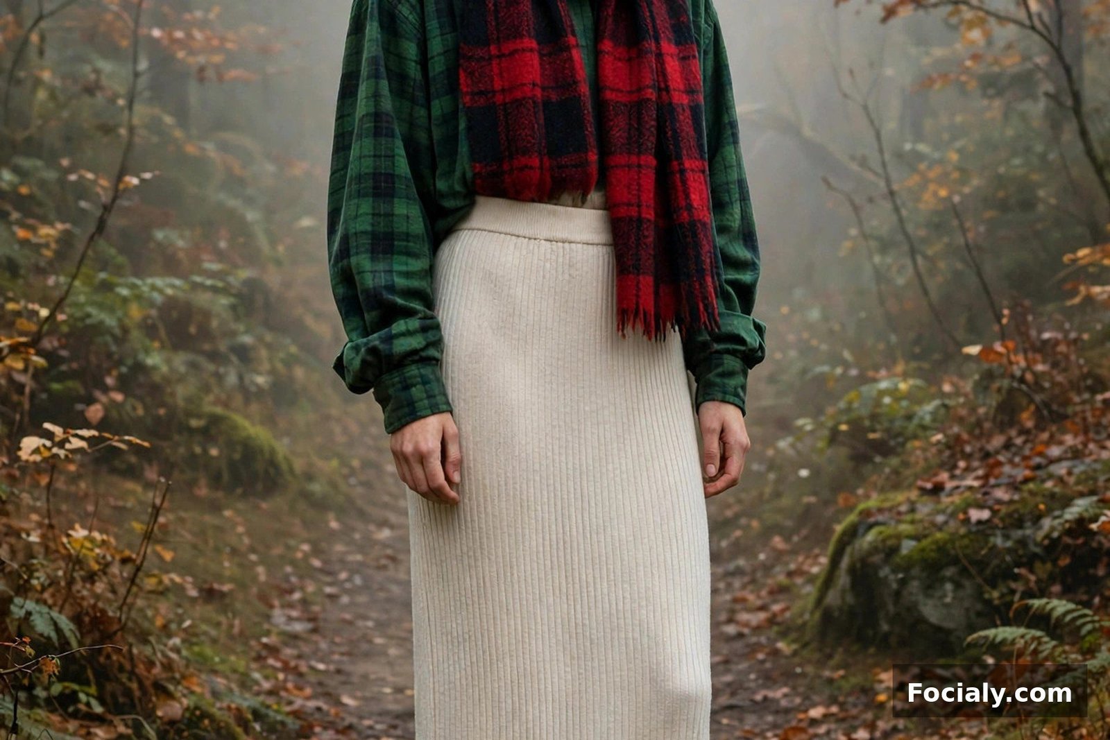 Woman wearing a cream ribbed knit maxi skirt with a plaid scarf and hiking boots