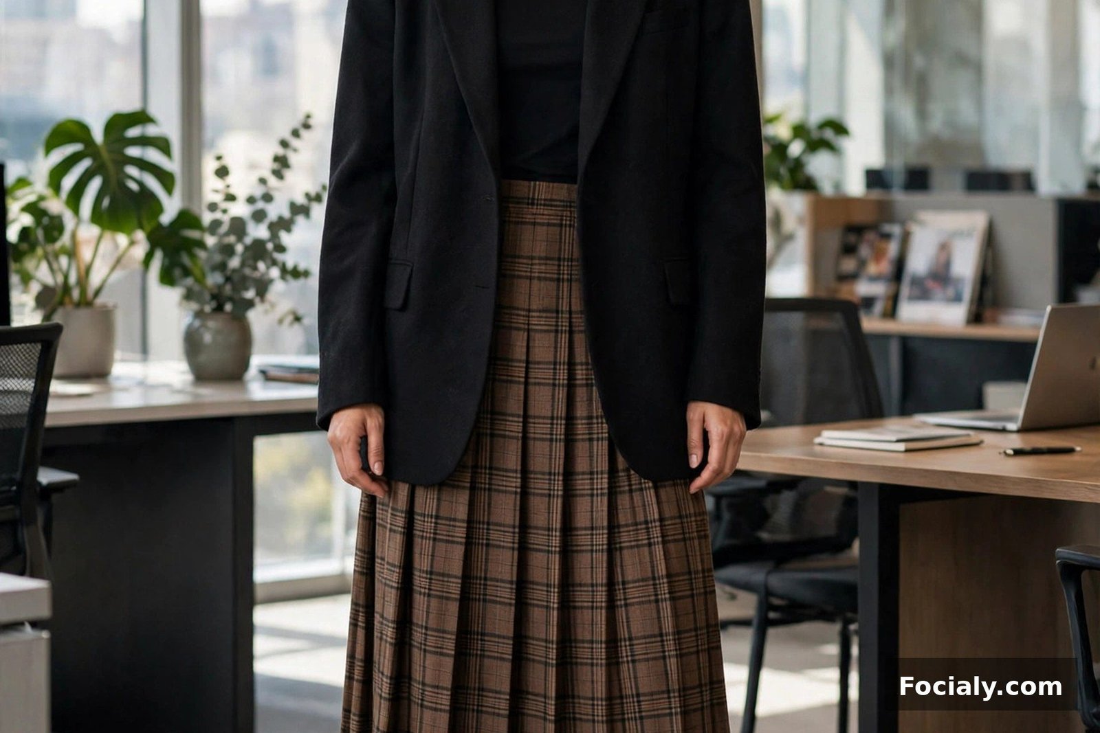 Woman in a brown plaid midi skirt with an oversized black blazer and loafers