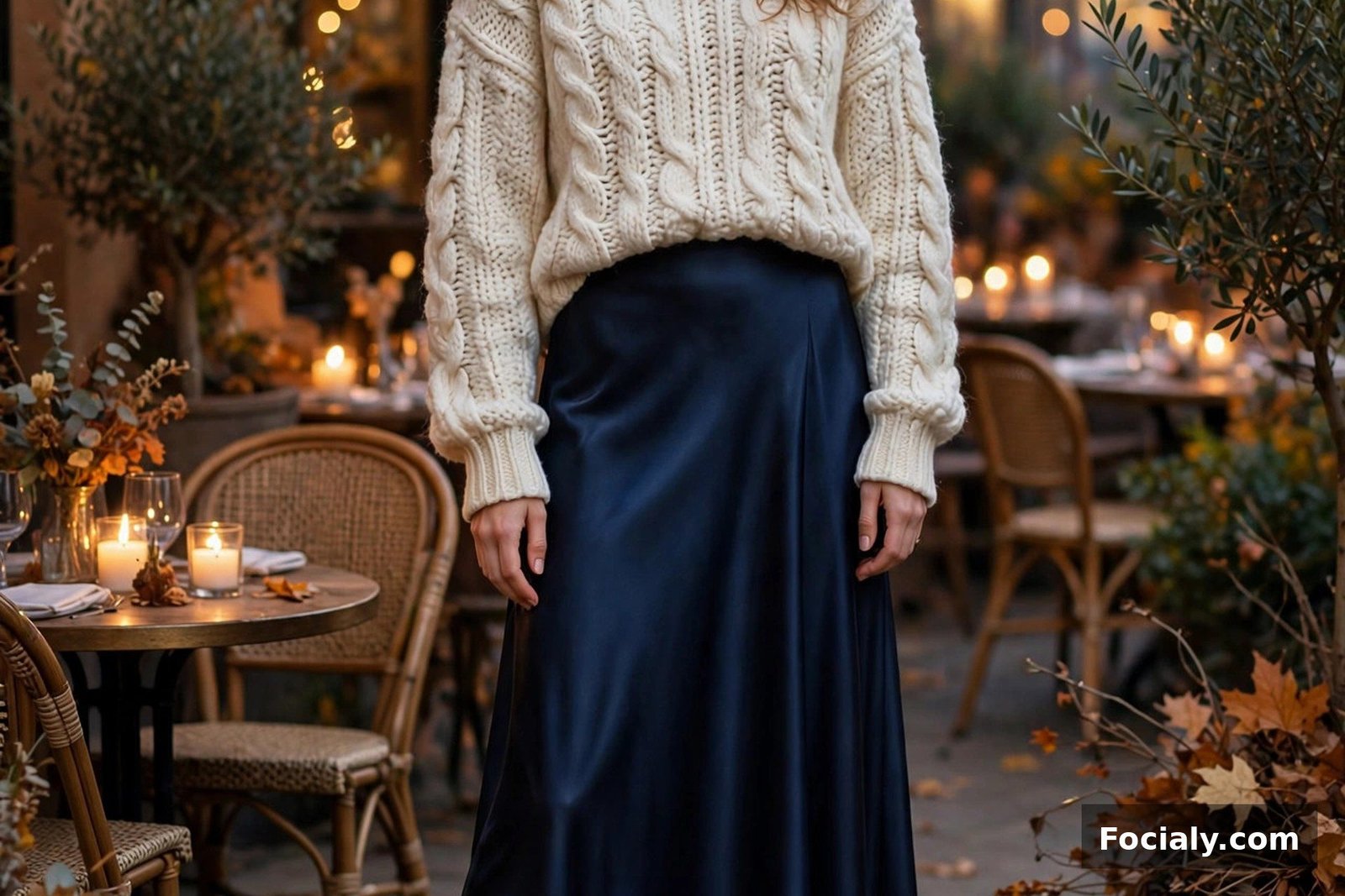 Woman wearing a midnight blue satin maxi skirt with a cream chunky knit sweater and heels
