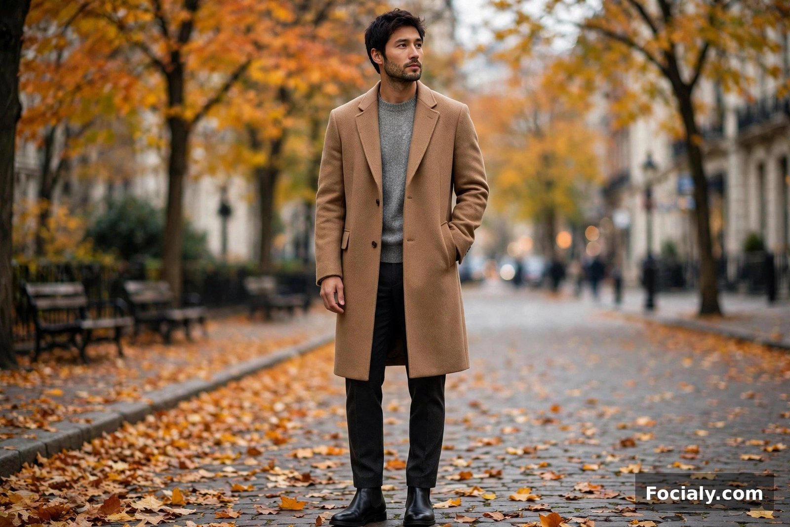 Man wearing a camel wool overcoat over a grey sweater and dark trousers on an autumn street