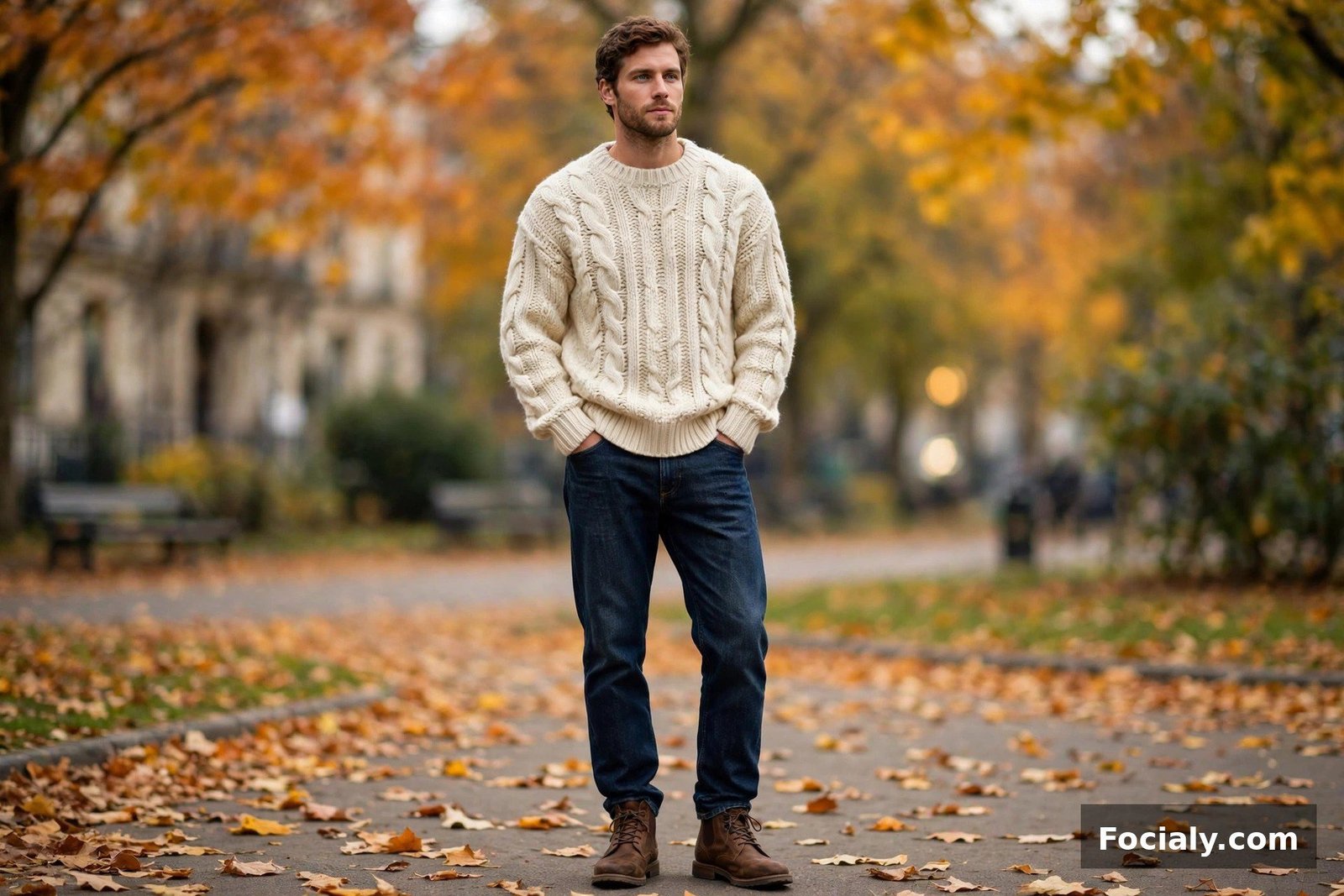 Man in a chunky cream fisherman knit sweater with dark indigo jeans and boots